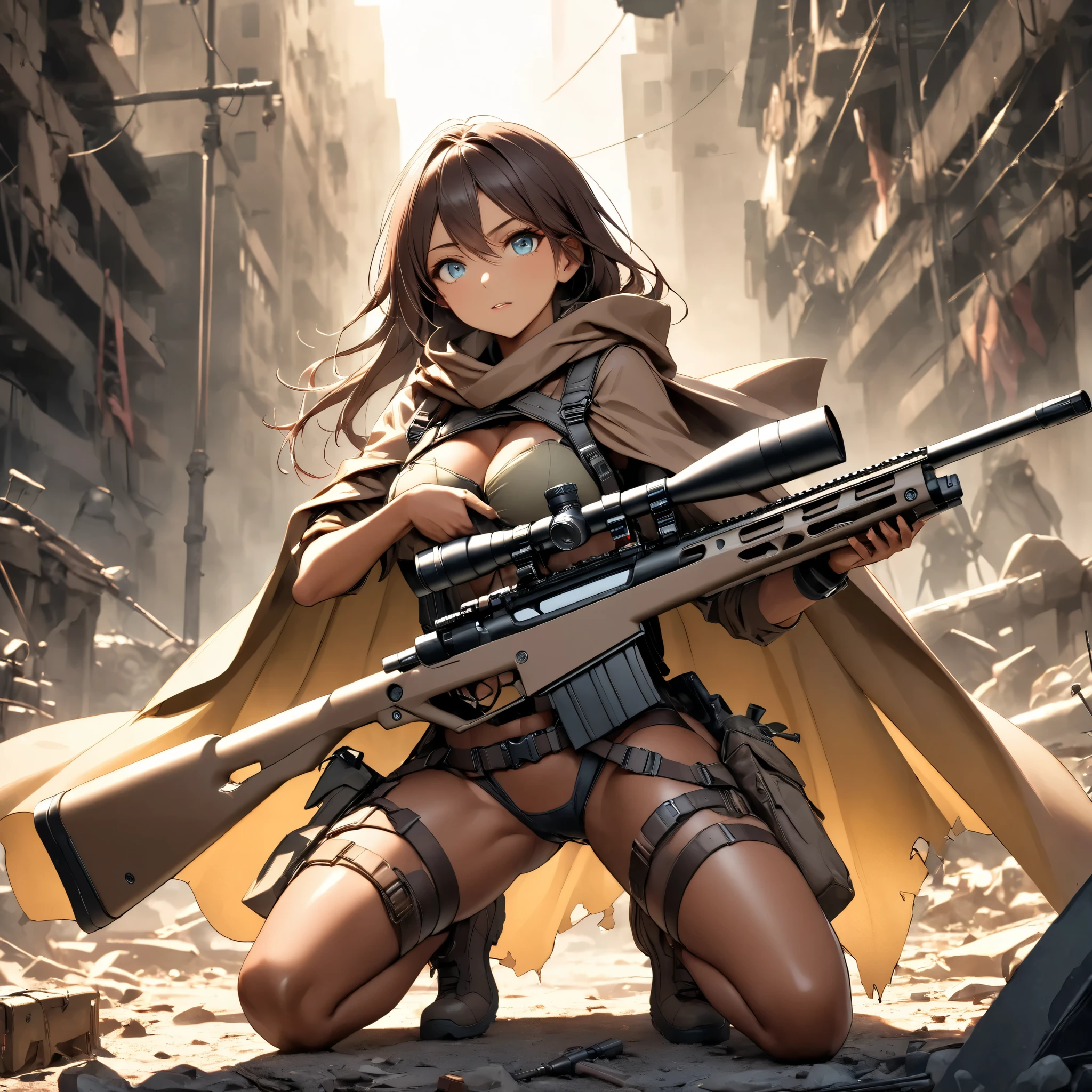 Beautiful female sniper in a sniper position in the apocalyptic world 、 sniper rifle with a cape、 anatomically correct posture 、 equipped with lots of tools on a tanned leather tool belt、Full Harness、 perfect eyes、Glossy brown skin 、Tattered clothes、 movie light effects,