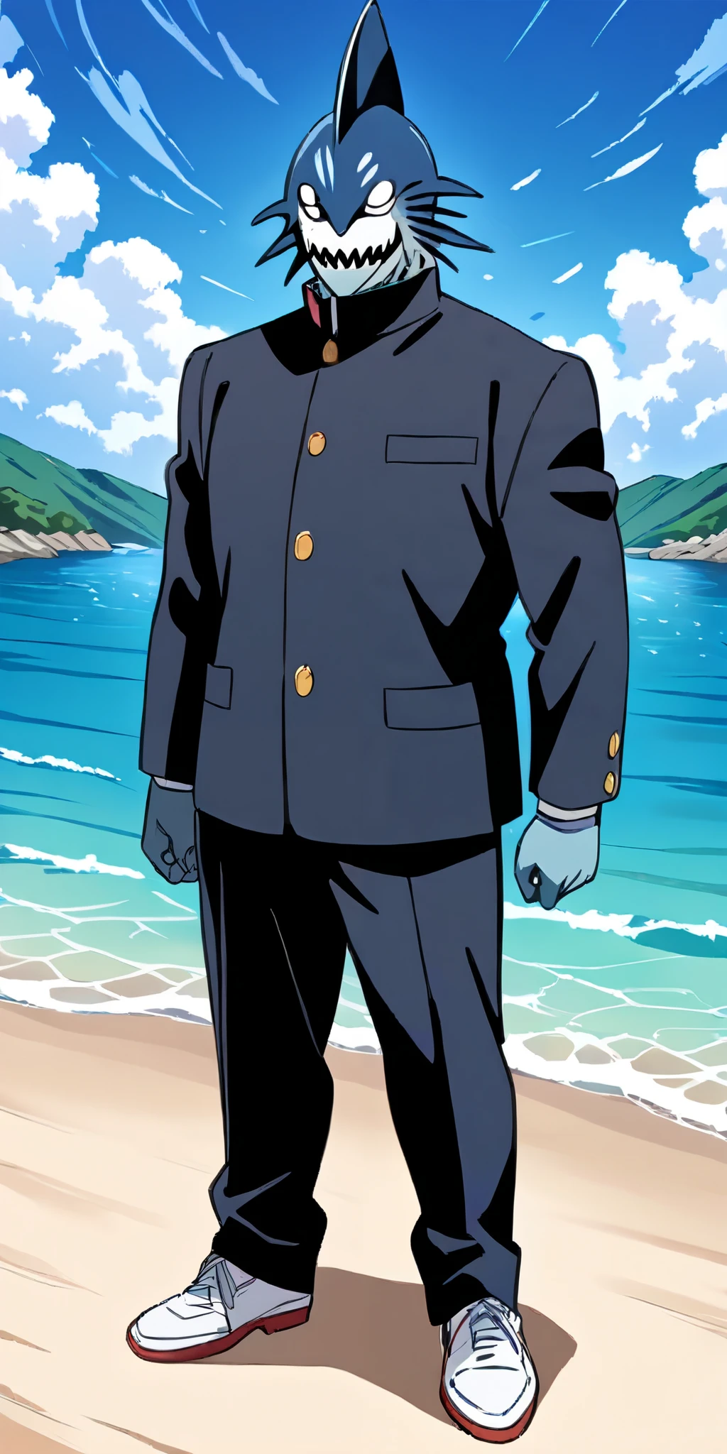 drawn in 80’s anime art style.
Retro anime. Vintage Anime. Classical Anime.
Black-Blue HAIR
(a very tall, muscular shinobi, and was the tallest member in Akatsuki. He had a distinctive shark-like appearance, complete with pale, blue-grey skin.
He has small, round, white eyes, 3 sets of curved facial markings under his eyes, gills on his shoulders, and sharp triangular teeth and also styled his blue hair in the form of a shark fin)
He is wearing a gakuran (Japanese School uniform), also called the (tsume-eri). Gakuran is a common japanese style of school uniform worn by men, traditionally by high school male students in Japan.
(uniform is black)
The Gakuran top is a long-sleeved black shirt with a round or stand-up collar that buttons up and down.
The top of the Gakuran has a standing collar buttoning down from top-to-bottom.
Buttons are Gold.
(Shirt is Black)
Pants are straight leg.
(Pants are Black)
Males usually wear penny loafers or sneakers with this uniform.
He is visiting a High School.