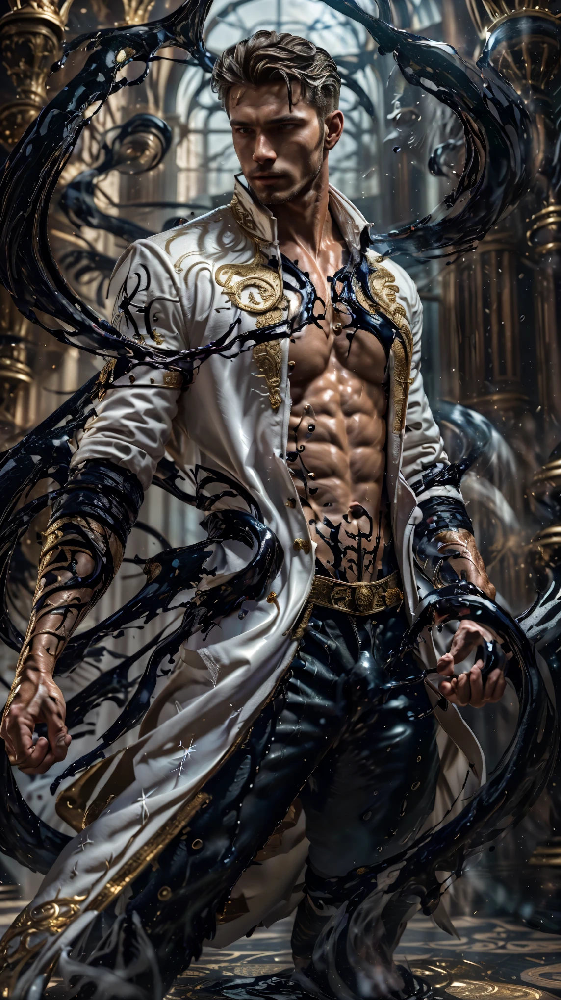 ((Masterpiece, High Quality)), Best Quality, highly detailed , ultrarealistic , cinematic ,realistic , photorealistic realistic eyes, intricate details, detailed background, depth of field, dynamic pose, dynamic angle ,male focus ,muscled man (1.0) ,handsome  (detailed face) ,Young  Arafed muscular chiseled very handsome man , (( shad0wmancer, photo of a man, ink everywhere, ((swirling black liquid 3D )),((wearing a white golden coat)), pants ,medieval fantasy, indoors, cowboy shot, dynamic pose (from side 1.0), fighting stance, detail face, tool enhancer ,slider 1.0)), realistic, masterpiece, intricate details, detailed background, depth of field, photo of a man ,looking like courage , ((light bokeh)) , highlighting the strong muscle lines ,  symbol of strength. Perspective and perspective: shooting from a low angle , highlighting the height and majesty of  men. Or use a side perspective to show the posture and tattoo of a  men.