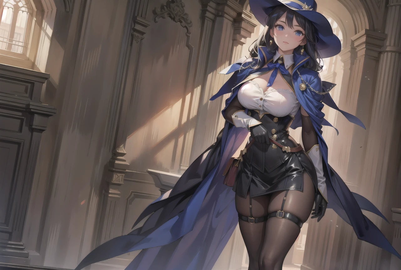 (oil painting,Impressionism,:1.2)(masterpiece, best quality:1.3),clorinde, 1girl, ,hat, purple eyes, blue hair, jewelry, white gloves, (gun:0.8), bow, dress,earrings, purple hair, hair over one eye, closed mouth, blue headwear, bangs, sex pose, ,(profile:0.6), shy, messy hair, sexy eyes, <lora:clorinde0ax03:0.75>,
