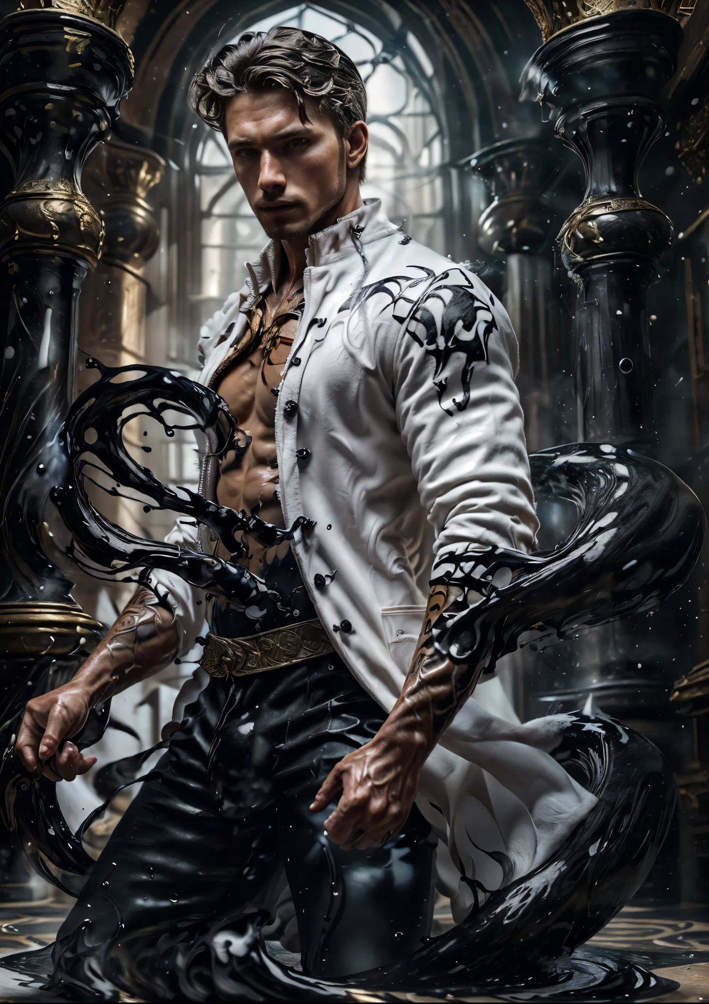 ((Masterpiece, High Quality)), Best Quality, highly detailed , ultrarealistic , cinematic ,realistic , photorealistic realistic eyes, intricate details, detailed background, depth of field, dynamic pose, dynamic angle ,male focus ,muscled man (1.0) ,handsome (detailed face) ,Young Arafed muscular chiseled very handsome man , (( shad0wmancer, photo of a man, ink everywhere, ((swirling black liquid 3D )),((wearing a white golden coat)), pants ,medieval fantasy, indoors, cowboy shot, dynamic pose (from side 1.0), fighting stance, detail face, tool enhancer ,slider 1.0)), realistic, masterpiece, intricate details, detailed background, depth of field, photo of a man ,looking like courage , ((light bokeh)) , highlighting the strong muscle lines , symbol of strength. Perspective and perspective: shooting from a low angle , highlighting the height and majesty of men. Or use a side perspective to show the posture and tattoo of a men.