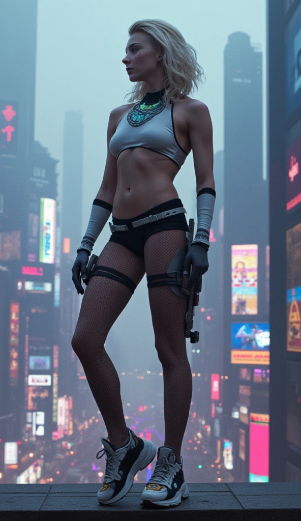 A ruined apocalyptic sci-fi city overgrown with alien plant life and strange alien monsters and animals, a busty beautiful young woman with tan skin and large bright hazel eyes with long lashes and cleopatra eyeliner, with a golden blonde hair, wearing a miniskirt and cut off tank top revealing the bottom of her breasts, round eye glasses, thigh high leather boots with stockings and a garter belt flashing a pair of silk panties, cyberpunk rifle slung over her shoulder, sci-fi backpack held on by straps across her chest, glaring at a monster in the far distance, side ponytail, Hyperrealism, masterpiece, best quality, 16k, anatomically correct, super detail, award winning, topless, fully nude