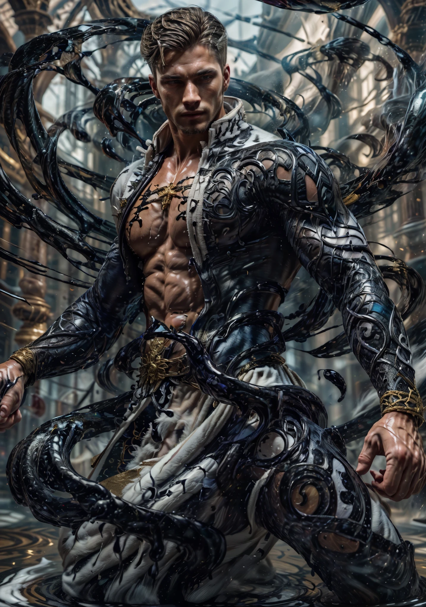 ((Masterpiece, High Quality)), Best Quality, highly detailed , ultrarealistic , cinematic ,realistic , photorealistic realistic eyes, intricate details, detailed background, depth of field, dynamic pose, dynamic angle ,male focus ,muscled man (1.0) ,handsome  (detailed face) ,Young  Arafed muscular chiseled very handsome man , (( shad0wmancer, photo of a man, ink everywhere, ((swirling black liquid 3D )),((wearing a white golden coat)), pants ,outdoors ,standing in a water, cowboy shot, dynamic pose (from side 1.0), fighting stance, detail face, tool enhancer ,slider 1.0)), realistic, masterpiece, intricate details, detailed background, depth of field, photo of a man ,looking like courage , ((light bokeh)) , highlighting the strong muscle lines ,  symbol of strength. Perspective and perspective: shooting from a low angle , highlighting the height and majesty of  men. Or use a side perspective to show the posture and tattoo of a  men.