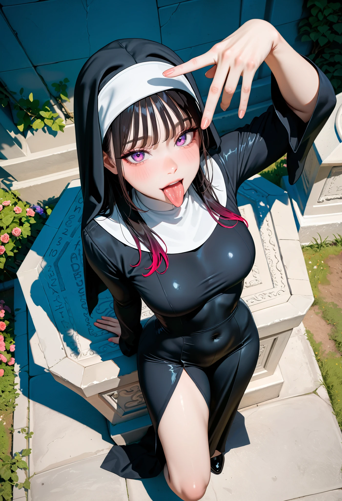 ( masterpiece, better quality), safe, bangs of incredible quality , very aesthetically pleasing, absurdities, highres, newest , HDR-10, 8K, high detail RAW color art , large pupil , tabs, high detail RAW color art , a girl, from above, nun posing sensual on a grave ,eroticism,satire ,Subrealism,Intense painting,vibrant colors ,sensual figure, open legs, open dress,offensive ,Timidly sticking out my tongue,graffiti on the grave ,obscene hand gestures