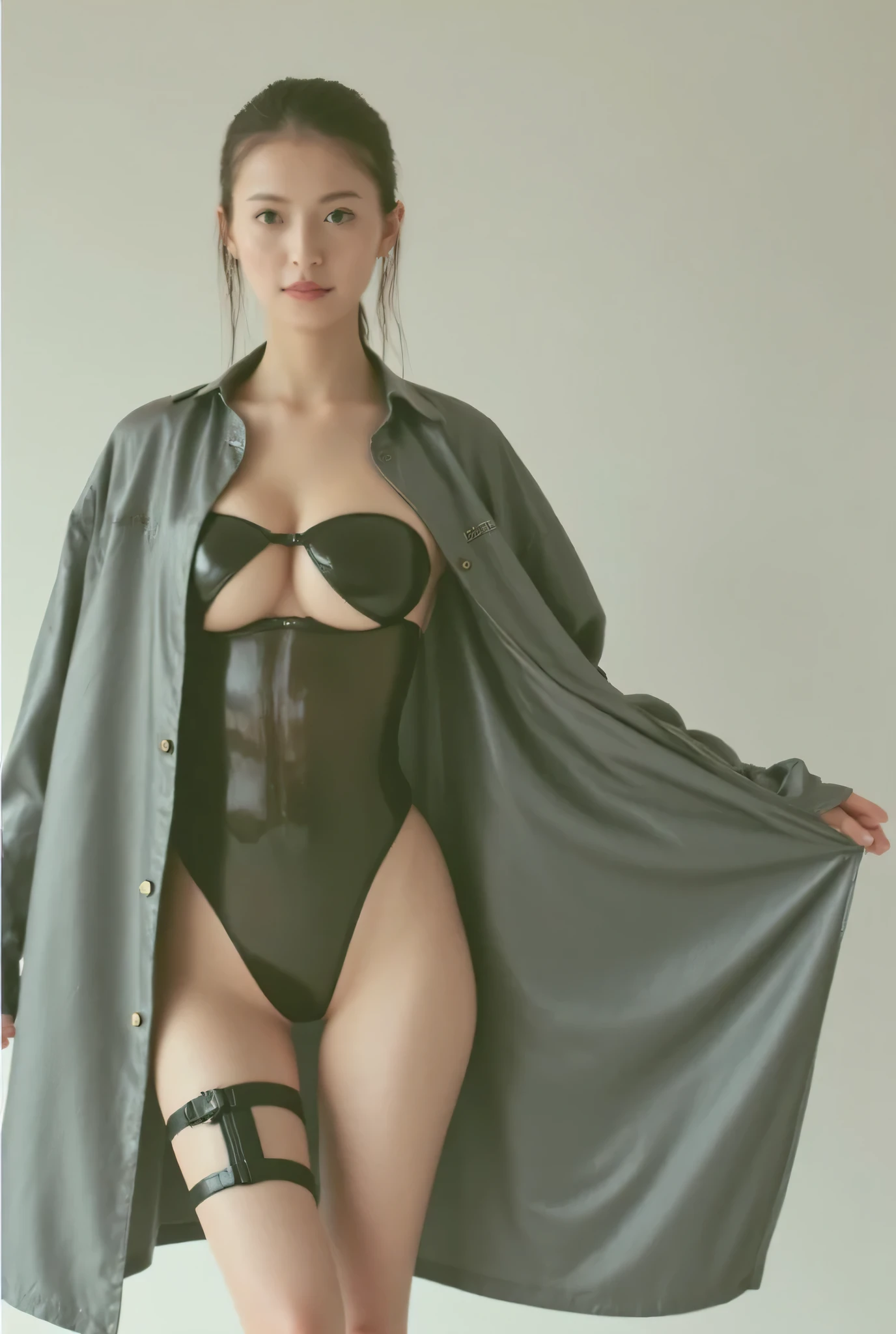25-year-old Caucasian woman、platinum-blonde、blue eyess、Semi-long、My hair is wavy、completely nude woman、completely pubic hair、Fully grown armpit hair、accessories on the wrist、wearing a choker、a smile、I can see the belly button、My abs are cracked、a smile、slim muscular body、I don&#39;t want my head to disappear from the screen.、perfect nude woman、I'm wearing a jacket、Wearing a see-through tie-front shirt、She&#39;s wearing a low-rise blooming skirt.、wearing black garter stockings、I'm wearing pin heels、I&#39;m in front of an old concrete wall during the day、Facing to the side、a smile