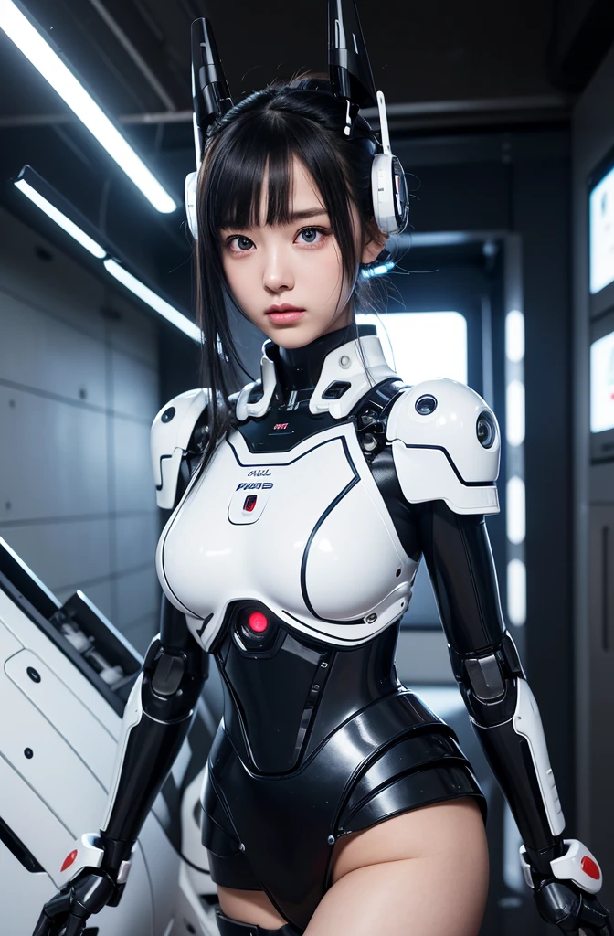 masterpiece, best quality, extremely detailed,8k portrait,Japaese android girl,Plump , control panels,android,Droid,Mechanical Hand, Robot arms and legs, Black hair,Blunt bangs,perfect robot girl,long tube,thick cable connected her neck,android,robot,humanoid,cyborg,japanese cyborg girl ,robot-assembly plant,She has assembled now,assembly scene,white robot body,blue eyes,