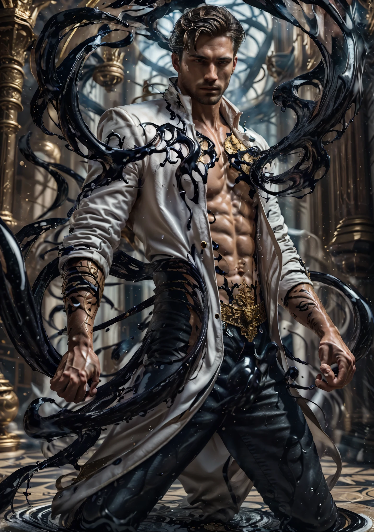 ((Masterpiece, High Quality)), Best Quality, highly detailed , ultrarealistic , cinematic ,realistic , photorealistic realistic eyes, intricate details, detailed background, depth of field, dynamic pose, dynamic angle ,male focus ,muscled man (1.0) ,handsome (detailed face) ,Young Arafed muscular chiseled very handsome man , (( shad0wmancer, photo of a man, ink everywhere, ((swirling black liquid 3D )),((wearing a white golden coat)), pants ,medieval fantasy, indoors, cowboy shot, dynamic pose (from side 1.0), fighting stance, detail face, tool enhancer ,slider 1.0)), realistic, masterpiece, intricate details, detailed background, depth of field, photo of a man ,looking like courage , ((light bokeh)) , highlighting the strong muscle lines , symbol of strength. Perspective and perspective: shooting from a low angle , highlighting the height and majesty of men. Or use a side perspective to show the posture and tattoo of a men.