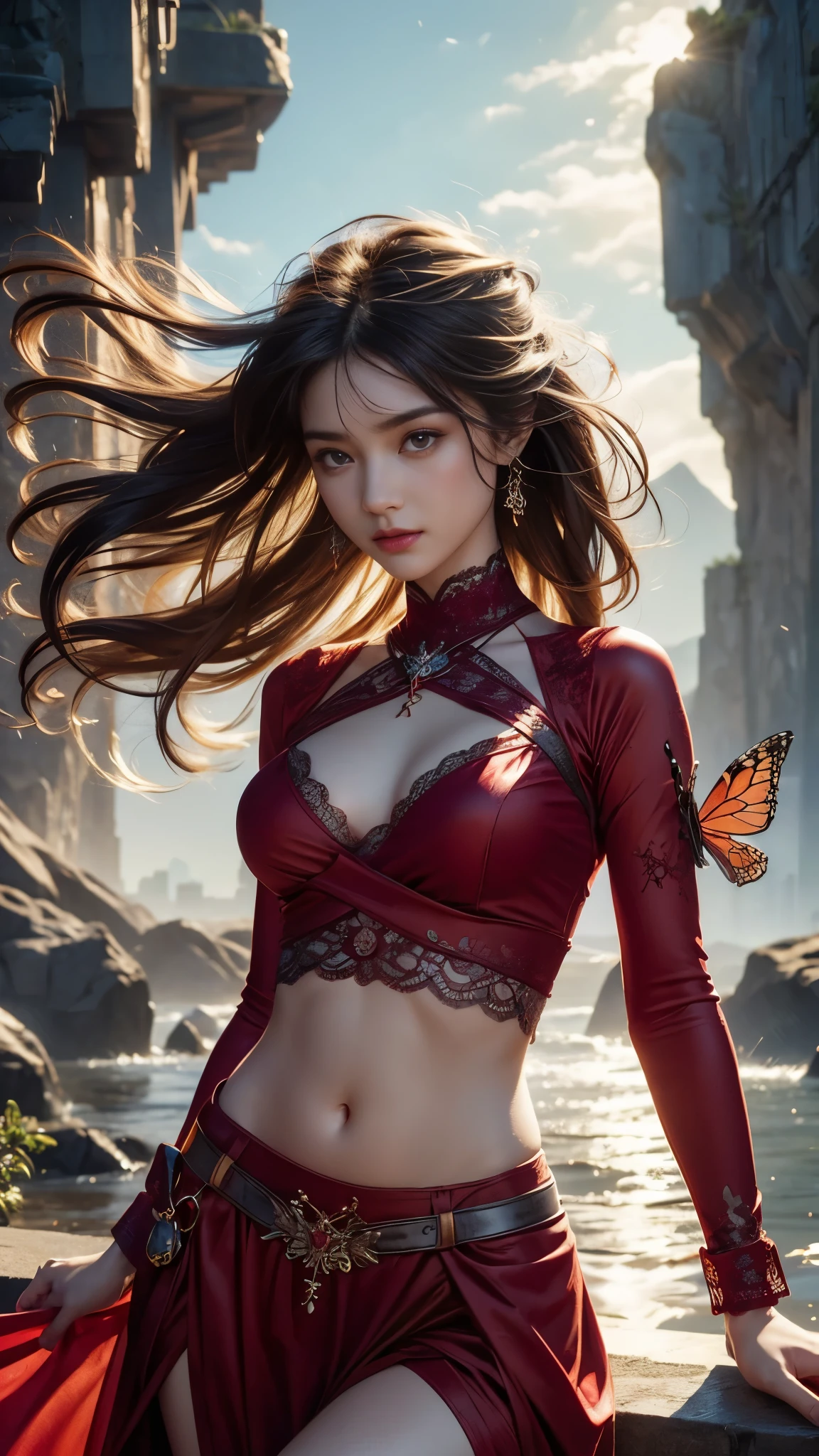 (RAW Photo, Best Quality), (Realistic, Photo Real: 1.3), Best Quality, Highly Detailed, Masterpiece, Hyper Detail, Illustration, 1 Girl, Smile, Butterfly Hair Ornament, Red Hair, Black Hanfu, Red Yarn, Elders on the Back A Pair of Red Butterfly Wings, Wield a Swords, Butterfly Fairy, upper_body, Dynamic Angle, World Mastery Theater, Flying Long Hair, Fluores Cent Red, dynamic Fire inbackground, best quality, extremely detailed CG unified 8k wallpaper, ink, amazing, cinema lighting, lens_flare, wuxia_style