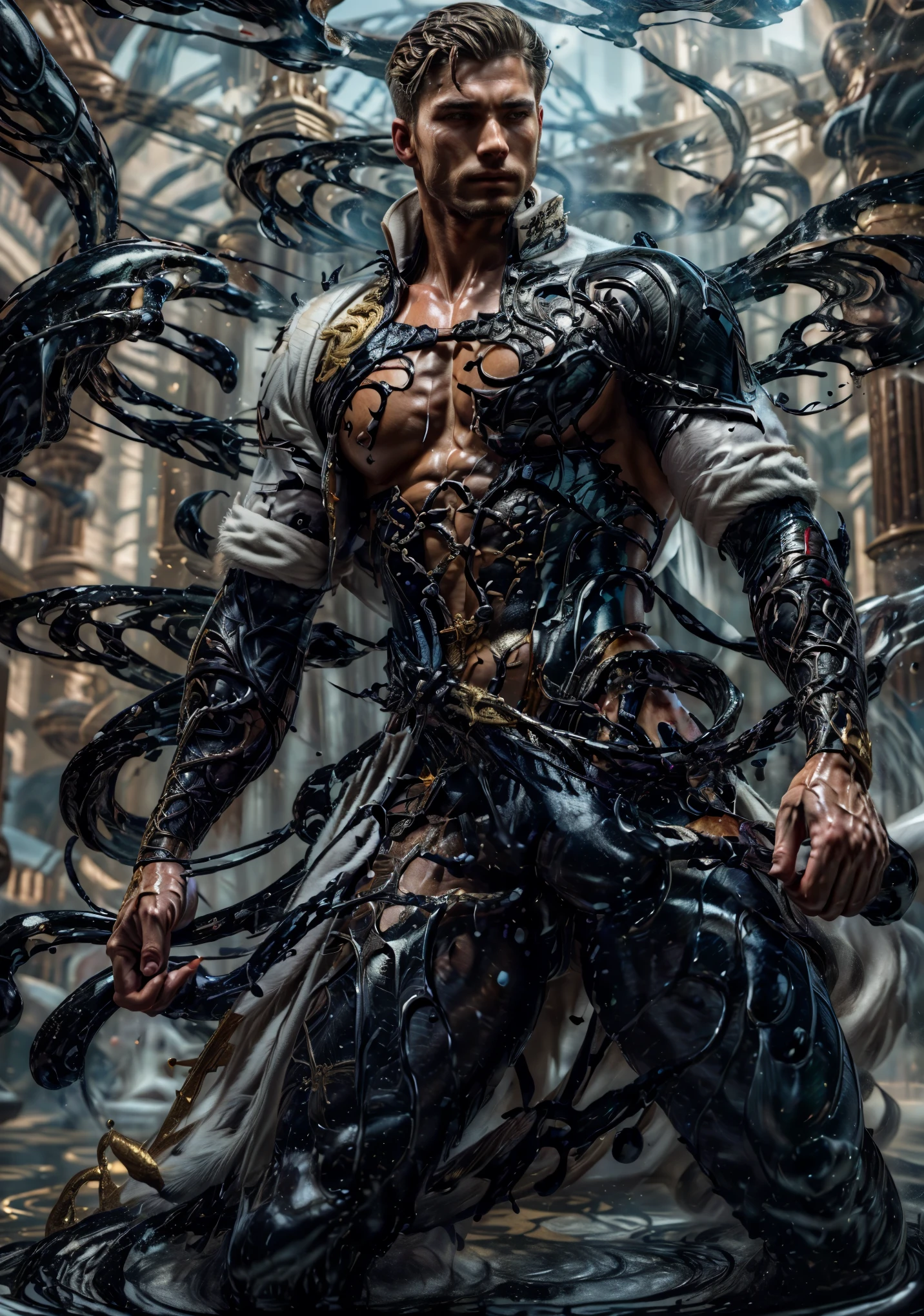 ((Masterpiece, High Quality)), Best Quality, highly detailed  , cinematic film still ,realistic , realistic eyes, intricate details, detailed background, depth of field,3D, dynamic pose, dynamic angle ,male focus ,muscled man (1.0) ,handsome ,gorgeous (detailed face) ,Young  Arafed muscular chiseled very handsome ,gorgeous man , (( shad0wmancer, photo of a man, ink everywhere, ((swirling black liquid 3D )),((wearing a white golden coat)), pants ,outdoors ,standing in a water, cowboy shot, (from side pose 1.0) , detail face, tool enhancer ,slider 1.0)), realistic, masterpiece, intricate details, detailed background, depth of field, photo of a man ,looking like courage , ((light bokeh)) , highlighting the strong muscle lines ,  symbol of strength. Perspective and perspective: shooting from a low angle , highlighting the height and majesty of  men. Or use a side perspective to show the posture and tattoo of a  men.