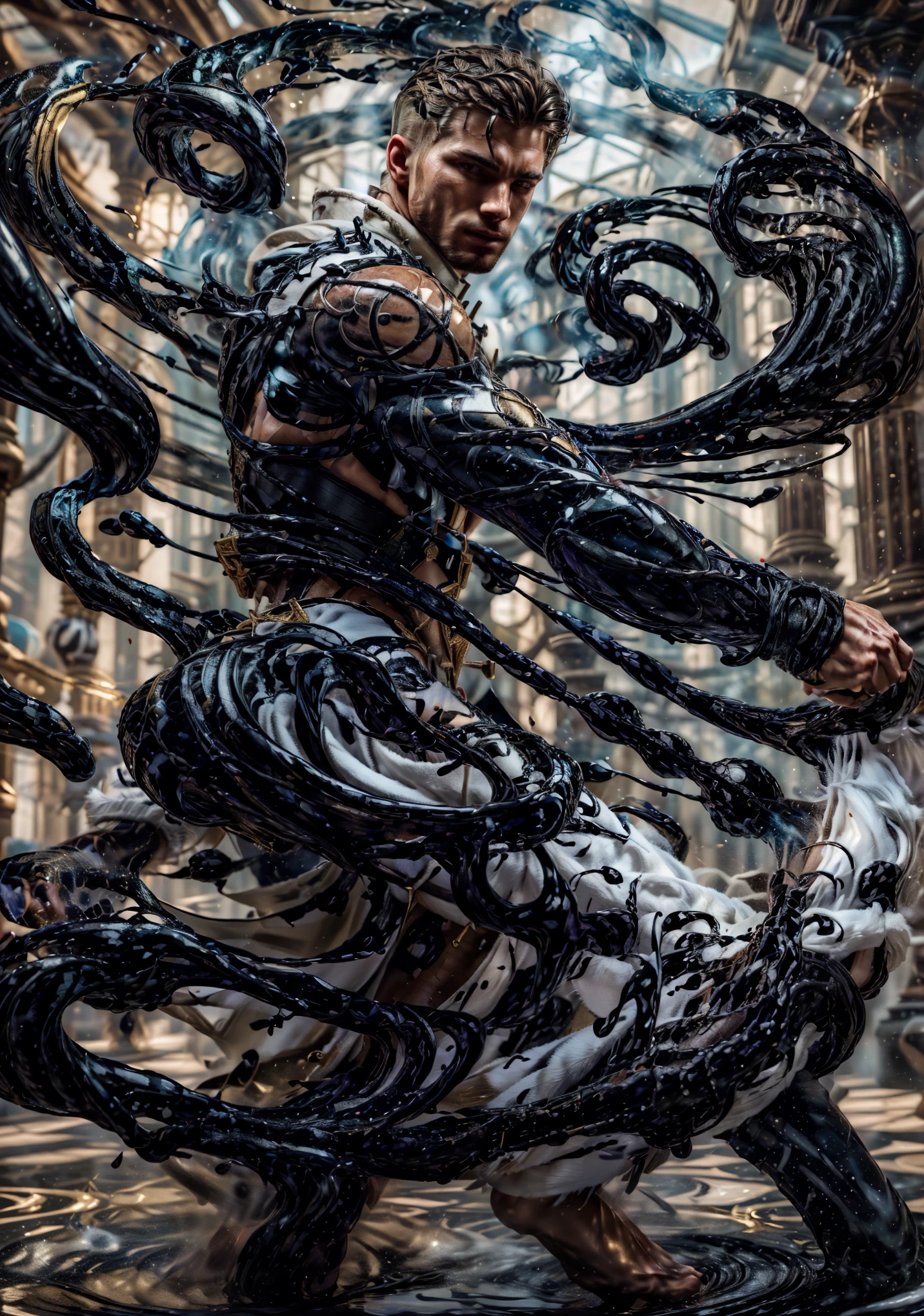 ((Masterpiece, High Quality)), Best Quality, highly detailed , cinematic film still ,realistic , realistic eyes, intricate details, detailed background, depth of field,3D, dynamic pose, dynamic angle ,male focus ,muscled man (1.0) ,handsome ,gorgeous (detailed face) ,Young Arafed muscular chiseled very handsome ,gorgeous man , (( shad0wmancer, photo of a man, ink everywhere, ((swirling black liquid 3D )),((wearing a white golden coat)), pants ,outdoors ,standing in a water, cowboy shot, (from side pose 1.0) , detail face, tool enhancer ,slider 1.0)), realistic, masterpiece, intricate details, detailed background, depth of field, photo of a man ,looking like courage , ((light bokeh)) , highlighting the strong muscle lines , symbol of strength. Perspective and perspective: shooting from a low angle , highlighting the height and majesty of men. Or use a side perspective to show the posture and tattoo of a men.