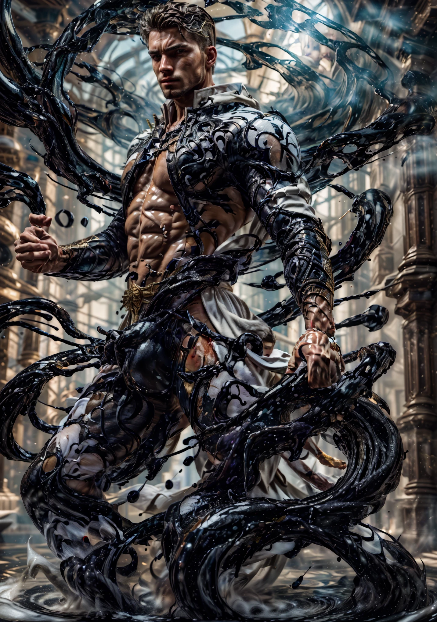 ((Masterpiece, High Quality)), Best Quality, highly detailed , cinematic film still ,realistic , realistic eyes, intricate details, detailed background, depth of field,3D, dynamic pose, dynamic angle ,male focus ,muscled man (1.0) ,handsome ,gorgeous (detailed face) ,Young Arafed muscular chiseled very handsome ,gorgeous man , (( shad0wmancer, photo of a man, ink everywhere, ((swirling black liquid 3D )),((wearing a white golden coat)), pants ,outdoors ,standing in a water, cowboy shot, (from side pose 1.0) , detail face, tool enhancer ,slider 1.0)), realistic, masterpiece, intricate details, detailed background, depth of field, photo of a man ,looking like courage , ((light bokeh)) , highlighting the strong muscle lines , symbol of strength. Perspective and perspective: shooting from a low angle , highlighting the height and majesty of men. Or use a side perspective to show the posture and tattoo of a men.