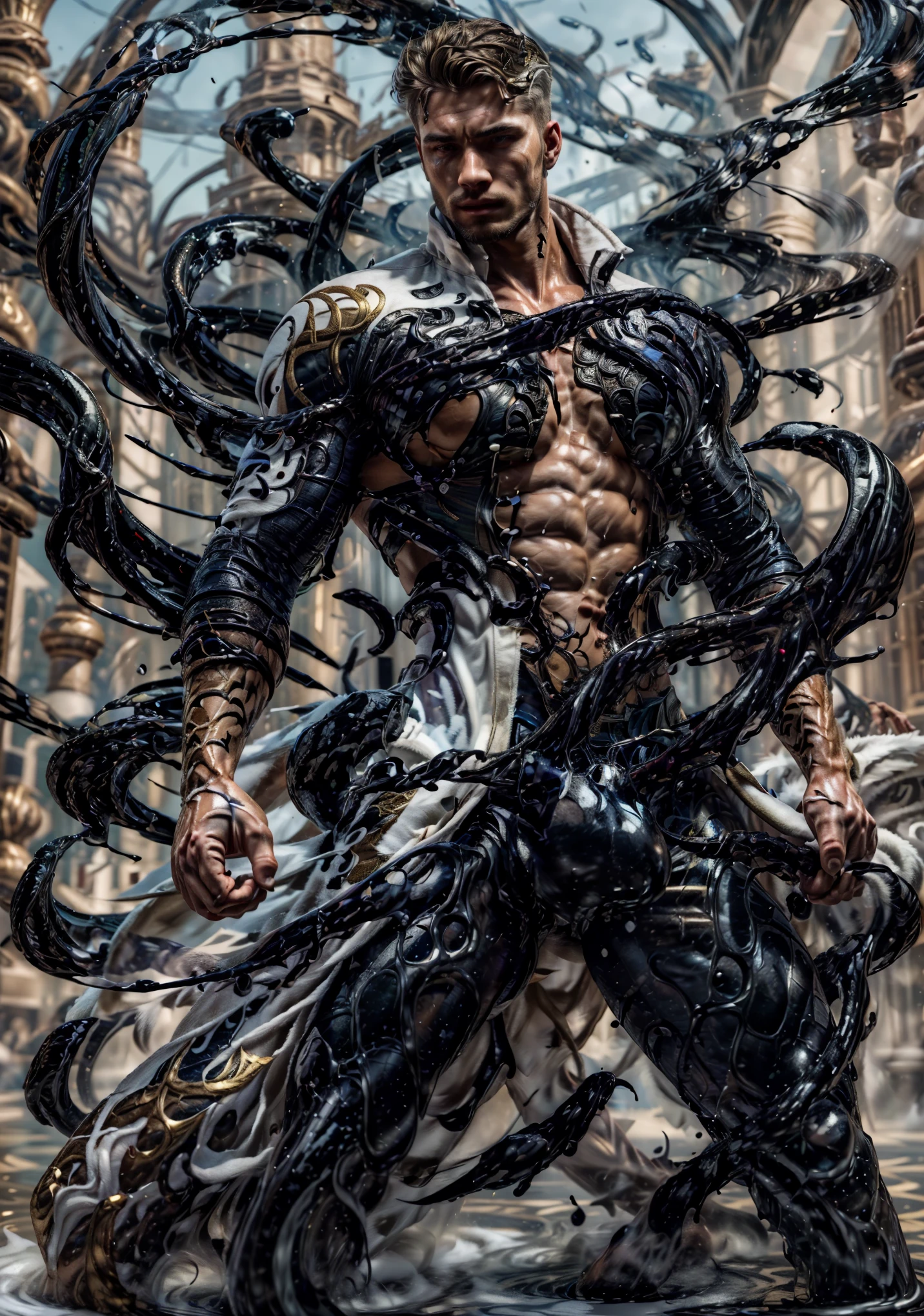((Masterpiece, High Quality)), Best Quality, highly detailed , cinematic film still ,realistic , realistic eyes, intricate details, detailed background, depth of field,3D, dynamic pose, dynamic angle ,male focus ,muscled man (1.0) ,handsome ,gorgeous (detailed face) ,Young Arafed muscular chiseled very handsome ,gorgeous man , (( shad0wmancer, photo of a man, ink everywhere, ((swirling black liquid 3D )),((wearing a white golden coat)), pants ,outdoors ,standing in a water, cowboy shot, (from side pose 1.0) , detail face, tool enhancer ,slider 1.0)), realistic, masterpiece, intricate details, detailed background, depth of field, photo of a man ,looking like courage , ((light bokeh)) , highlighting the strong muscle lines , symbol of strength. Perspective and perspective: shooting from a low angle , highlighting the height and majesty of men. Or use a side perspective to show the posture and tattoo of a men.
