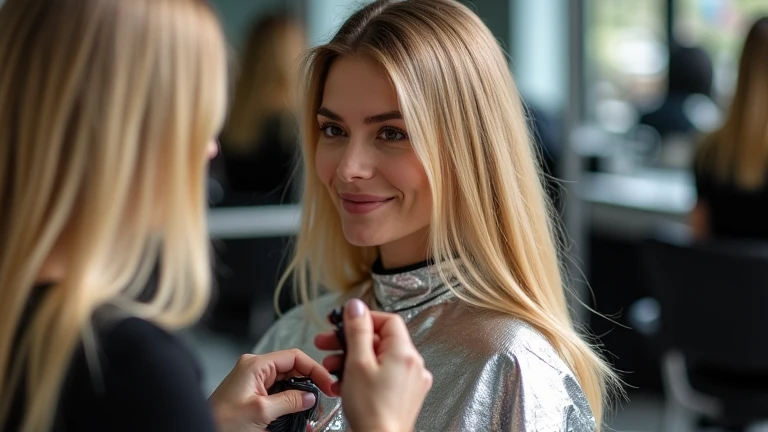 Photo, Beautiful young woman, long hair, ponytail, mixed brown and orange hair, silver salon cape, smiling, hairdresser in background, modern hair salon, well-lit, professional environment, relaxed atmosphere, cheerful moment, photorealistic, high-resolution (rim light, depth of field)