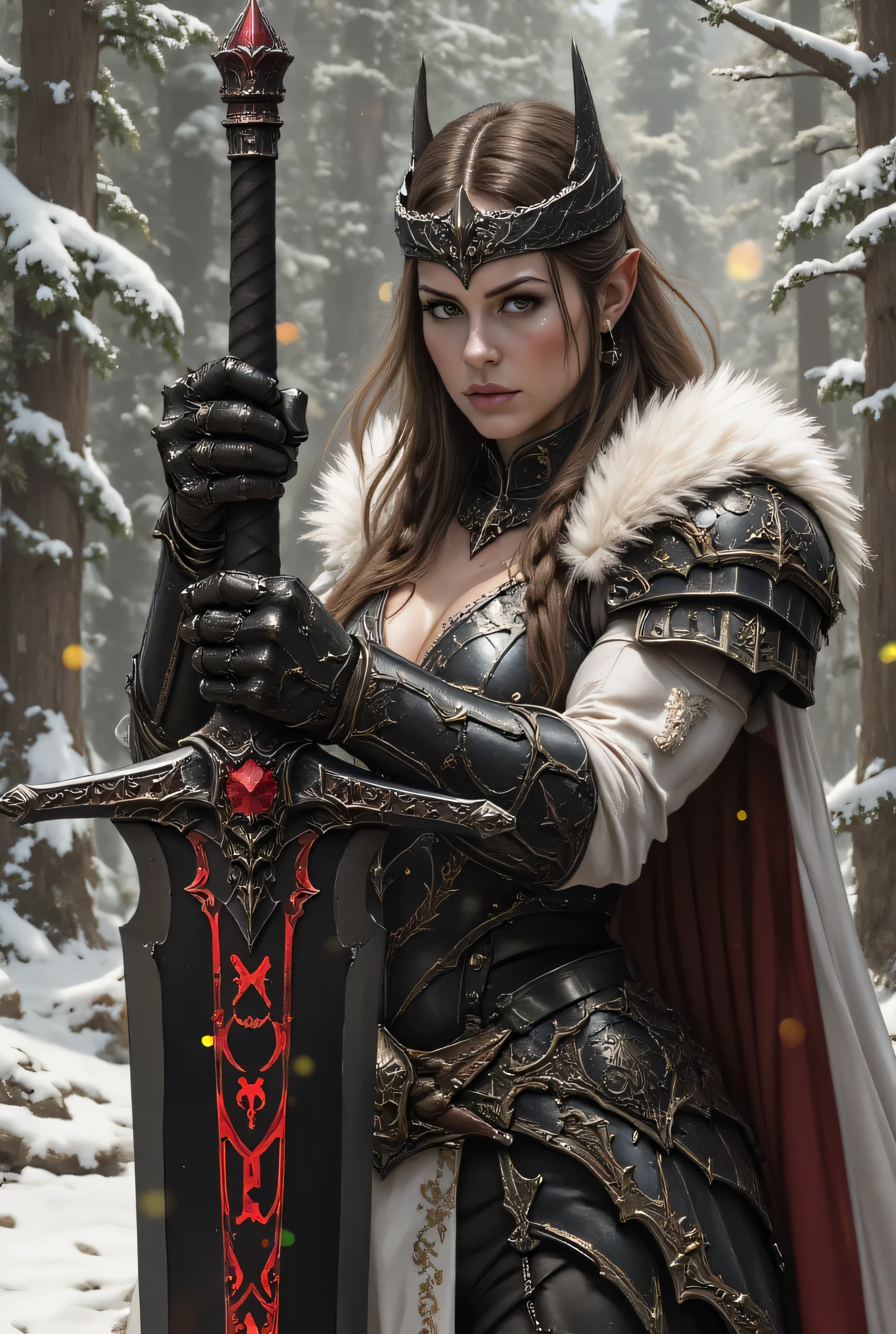 ((best quality, masterpiece, score_9, score_8_up, realistic photograph, life-like realism, fluxbodybuilder, Real-Faceji, droplets)), (((((this is a photo of a massive sword, made of black steel with red runes etched into the blade, the runes are glowing with magical power, it's an ancient weapon, sharp, expensive, elegant, intricate))))) held by a beautiful 18year woman long brown hair with glossblack highlights, small braids, Barbarian black leather medieval armor, white fur trim, heavy bone ivory breastplate, heavy iron tiara set with glowing ruby gems, white fur silk cloak, powerful muscular athletic, she smirking, aloof, arrogant, background bokeh winter forest snowing, snow, cold