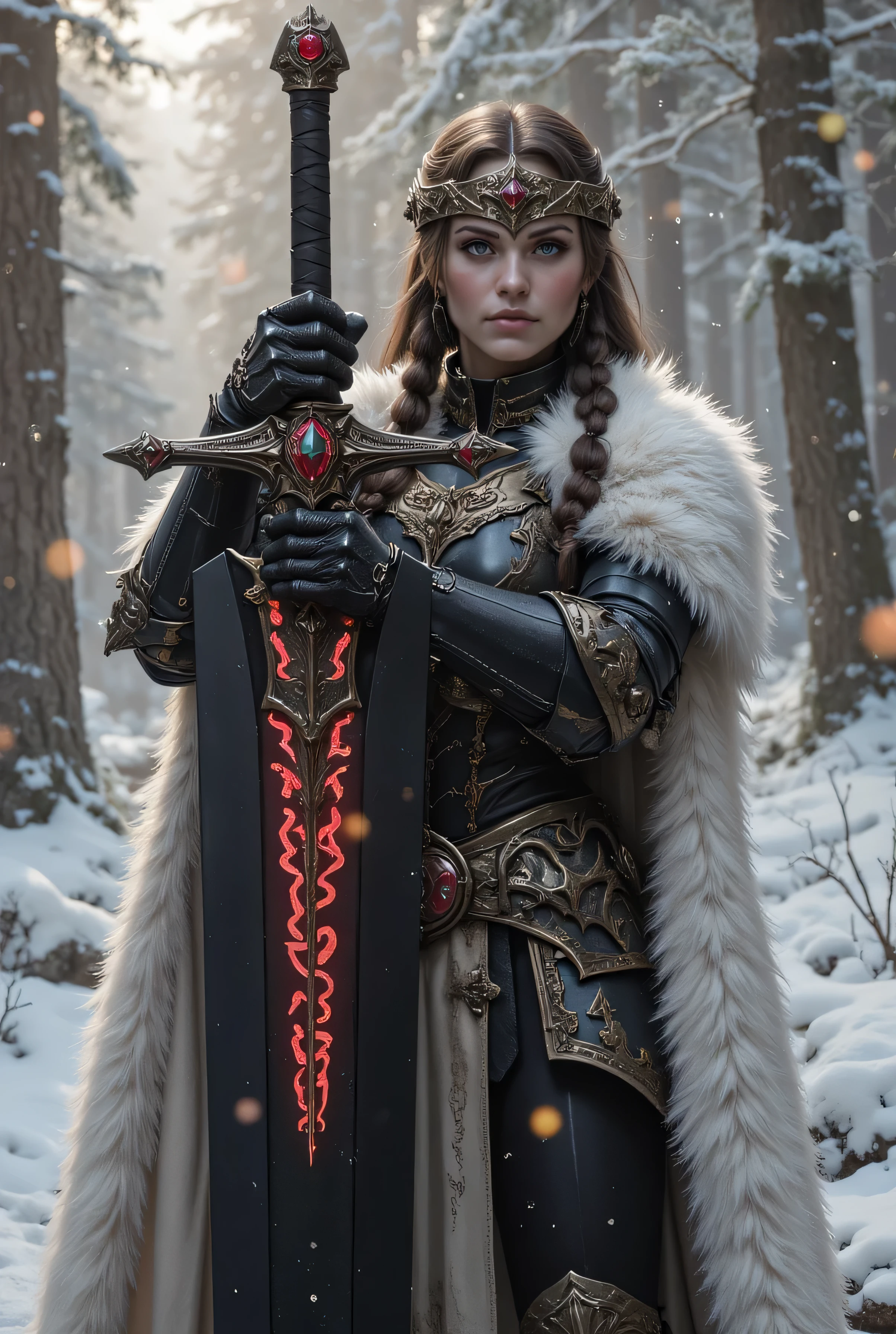 ((best quality, masterpiece, score_9, score_8_up, realistic photograph, life-like realism, fluxbodybuilder, Real-Faceji, droplets)), (((((this is a photo of a massive sword, made of black steel with red runes etched into the blade, the runes are glowing with magical power, it's an ancient weapon, sharp, expensive, elegant, intricate))))) held by a beautiful 18year woman long brown hair with glossblack highlights, small braids, Barbarian black leather medieval armor, white fur trim, heavy bone ivory breastplate, heavy iron tiara set with glowing ruby gems, white fur silk cloak, powerful muscular athletic, she smirking, aloof, arrogant, background bokeh winter forest snowing, snow, cold