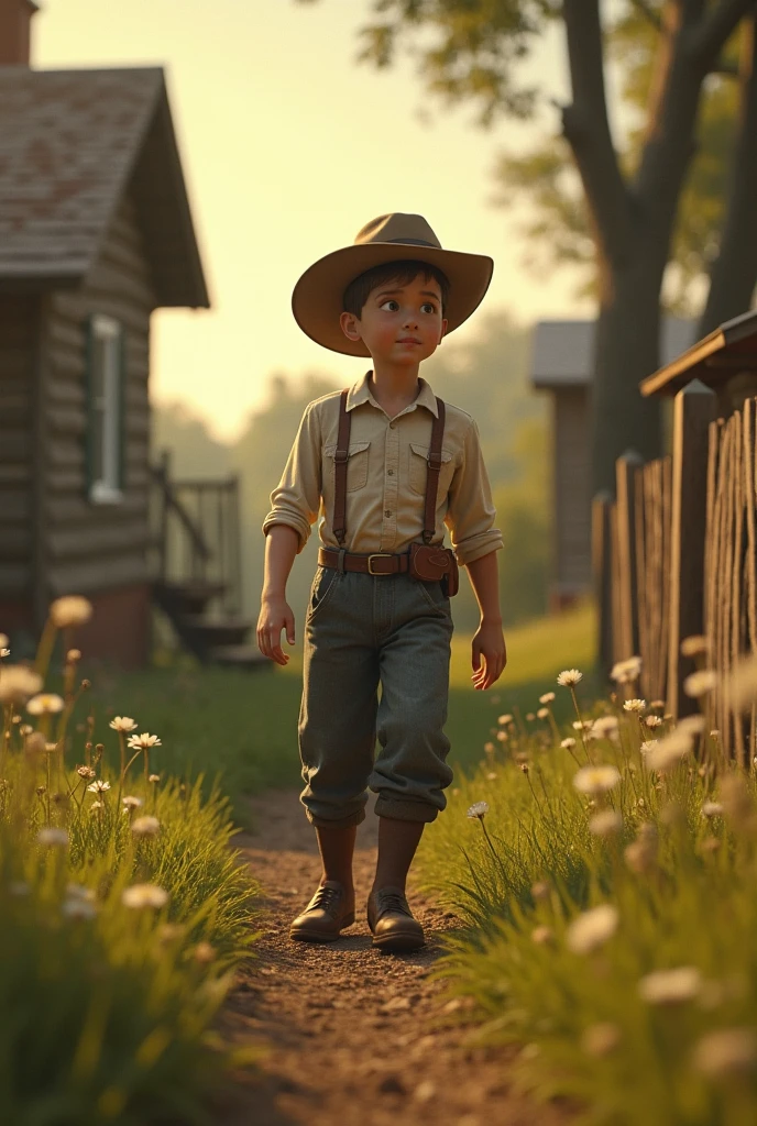 A young cowboy of 8 years, with a belt of large buckles, hat, knife at the waist, orange furred dog and piggy, standing in a sunny meadow.
