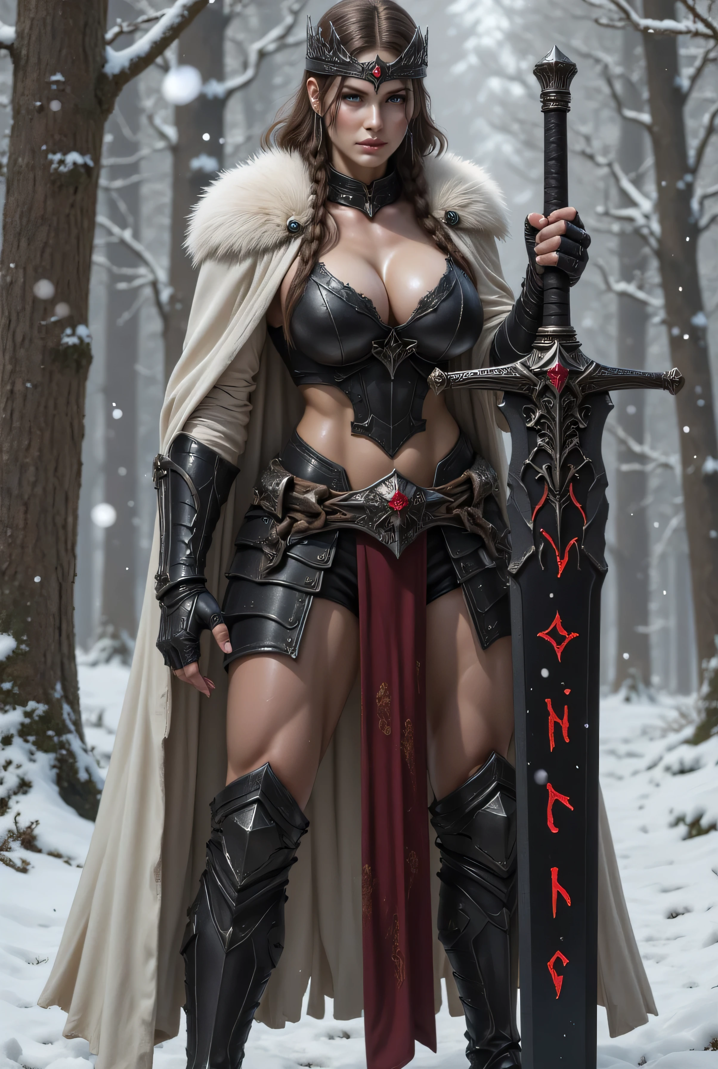 ((best quality, masterpiece, score_9, score_8_up, realistic photograph, life-like realism, fluxbodybuilder, Real-Faceji, droplets)), (((((this is a photo of a massive sword, made of black steel with red runes etched into the blade, the runes are glowing with magical power, it's an ancient weapon, sharp, expensive, elegant, intricate))))) held by a beautiful 18year woman long brown hair with glossblack highlights, small braids, Barbarian black leather medieval armor, white fur trim, heavy bone ivory breastplate, heavy iron tiara set with glowing ruby gems, white fur silk cloak, powerful muscular athletic, she smirking, aloof, arrogant, background bokeh winter forest snowing, snow, cold