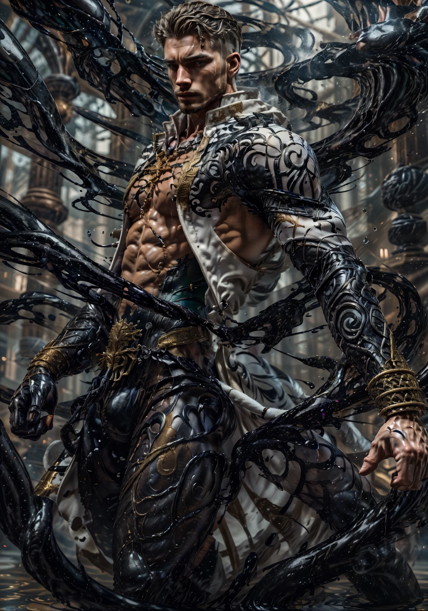 ((Masterpiece, High Quality)), Best Quality, highly detailed , cinematic film still ,realistic , realistic eyes, intricate details, detailed background, depth of field,3D, dynamic pose, dynamic angle ,male focus ,muscled man (1.0) ,handsome ,gorgeous (detailed face) ,Young Arafed muscular chiseled very handsome ,gorgeous man , (( shad0wmancer, photo of a man, ink everywhere, ((swirling black liquid 3D )),((wearing a white golden coat)), pants ,outdoors ,standing in a water, cowboy shot, (from side pose ,closeup shot 1.0) , detail face, tool enhancer ,slider 1.0)), realistic, masterpiece, intricate details, detailed background, depth of field, photo of a man ,looking like courage , ((light bokeh)) , highlighting the strong muscle lines , symbol of strength. Perspective and perspective: shooting from a low angle , highlighting the height and majesty of men. Or use a side perspective to show the posture and tattoo of a men.