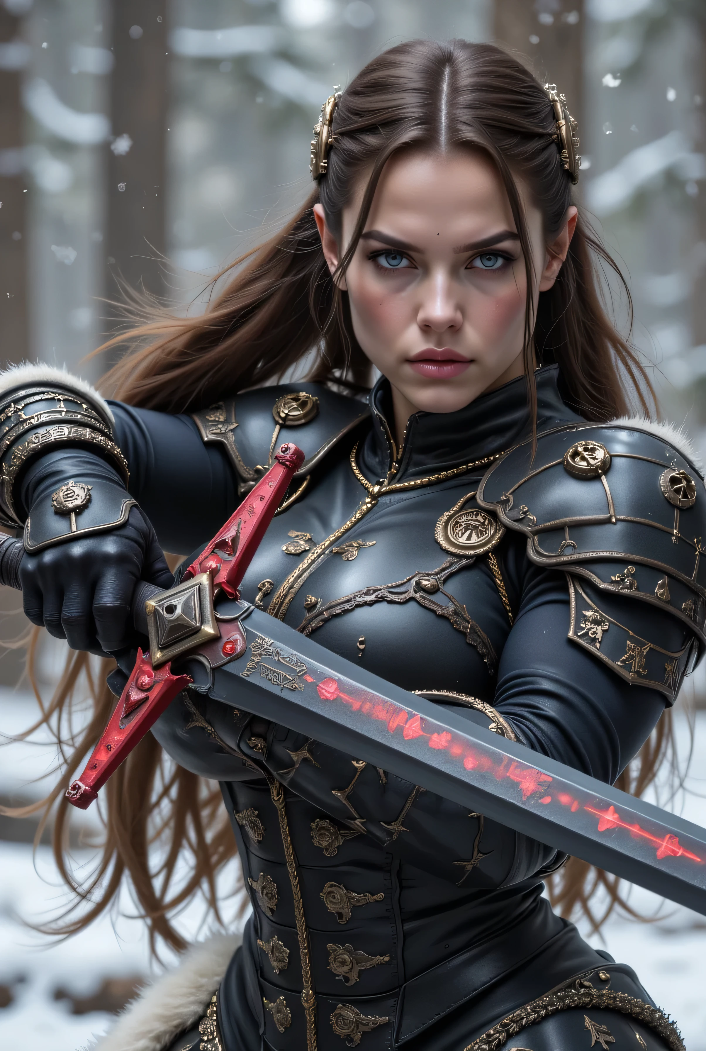 ((best quality, masterpiece, score_9, score_8_up, realistic photograph, life-like realism, fluxbodybuilder, Real-Faceji, droplets)), (((((this is a photo of a massive sword, made of black steel with red runes etched into the blade, the runes are glowing with magical power, it's an ancient weapon, sharp, expensive, elegant, intricate))))) held by a beautiful 18year woman in a dynamic fighting pose, lunging with the sword, long brown hair with glossblack highlights, small braids, Barbarian black leather medieval armor, white fur trim, heavy bone ivory breastplate, heavy iron tiara set with glowing ruby gems, white fur silk cloak, powerful muscular athletic, she smirking, aloof, arrogant, background bokeh winter forest snowing, snow, cold