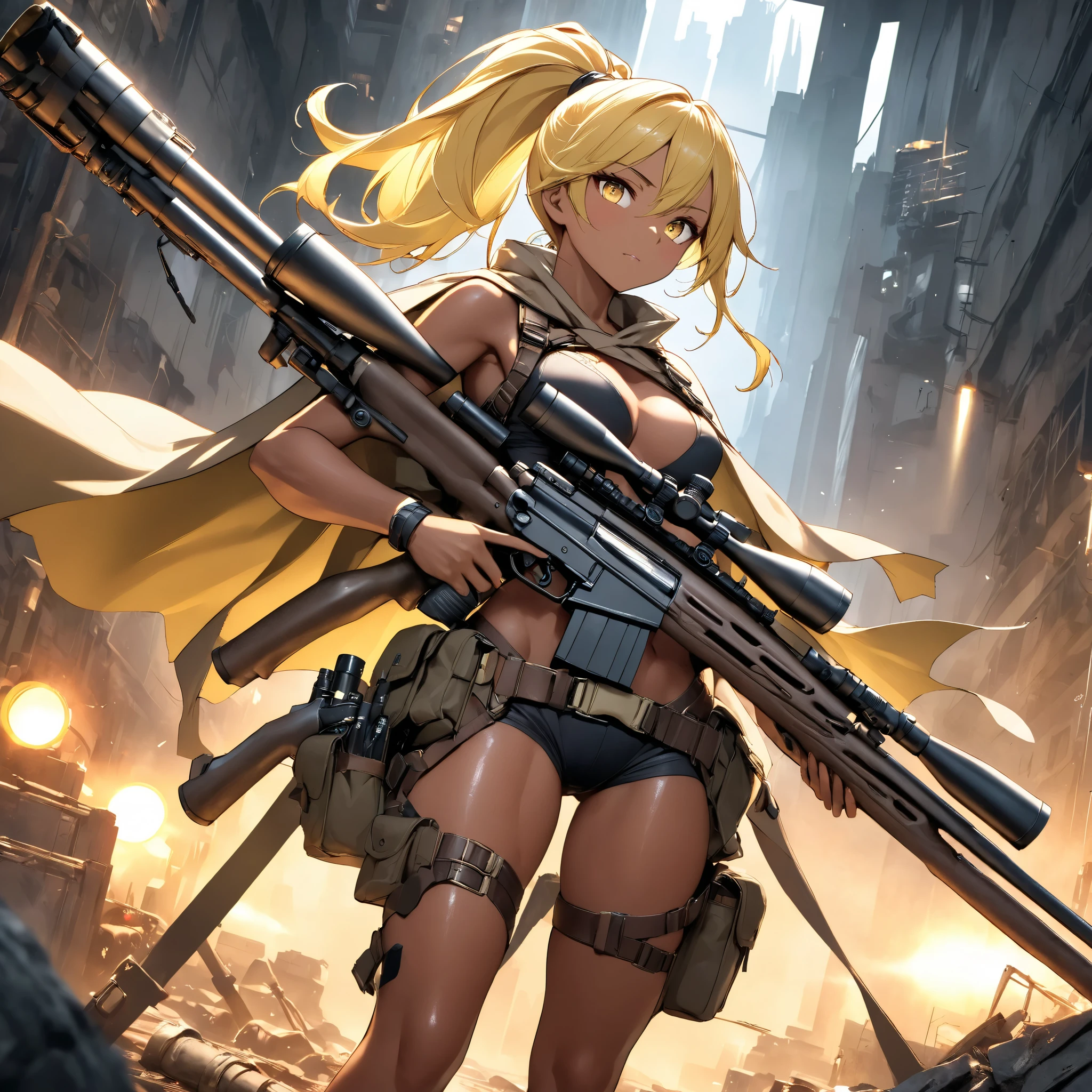 Beautiful female sniper in a sniper position in the apocalyptic world 、 sniper rifle with a cape、 anatomically correct posture 、 equipped with lots of tools on a tanned leather tool belt、Full Harness、 perfect eyes、Glossy brown skin 、Tattered clothes、 movie light effects, ponytail 、Shiny yellow hair