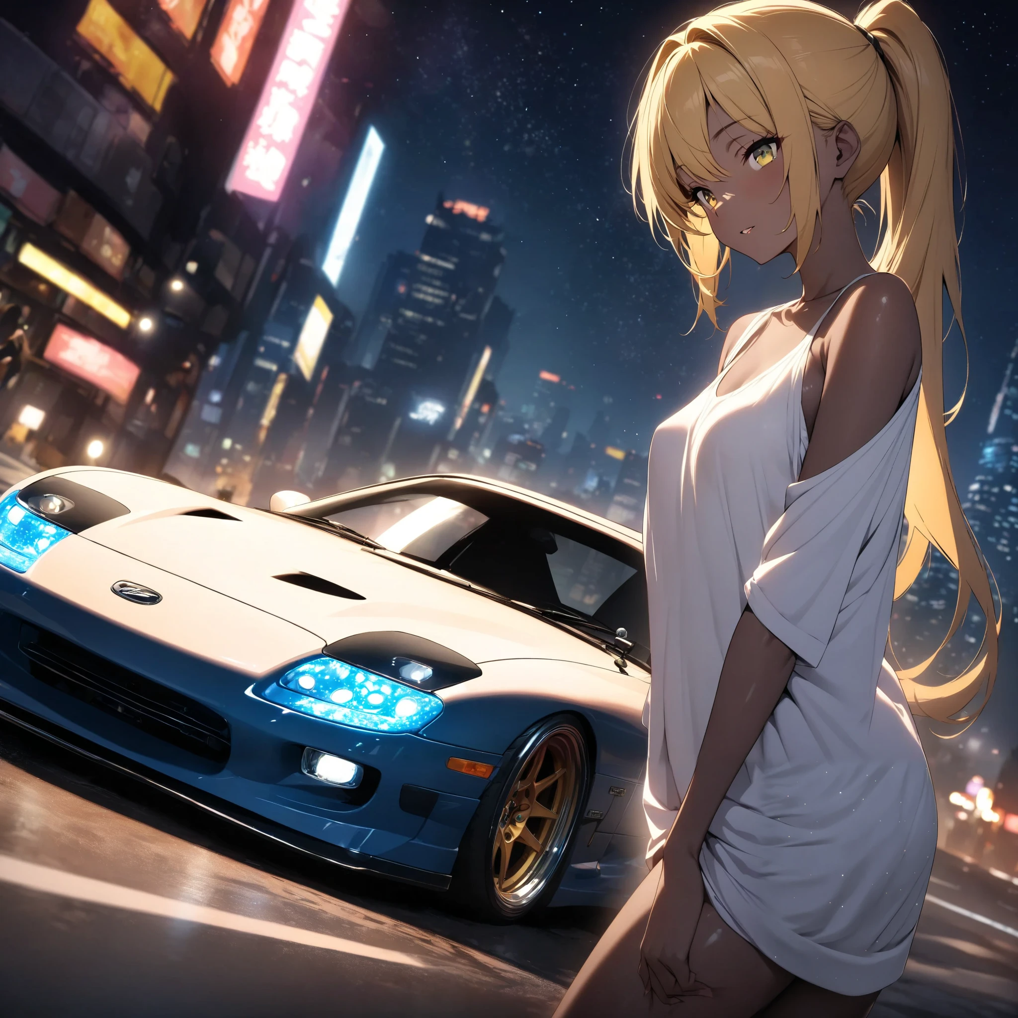 A beautiful woman poses beside a tuned MAZDA RX7, matte brown skin , small breasts, yellow hair, ponytail , loose shirt 、 Big City Night View、 beautiful starry sky、 movie light effects, fluorescence, Masterpiece, top quality, textured skin,