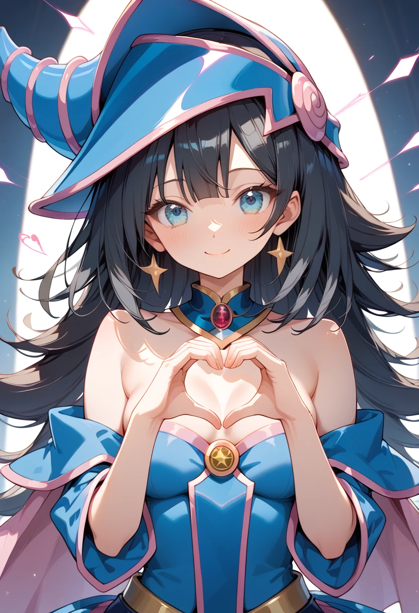 (masterpiece:1.2), (best quality:1.2), perfect lighting, Dark magician girl casting spell, floating in the air, big , neckline, magic background. Transparent heart in the air, blue robe, large hat, from above, sparkling, Yu-Gi-Oh cards in the background