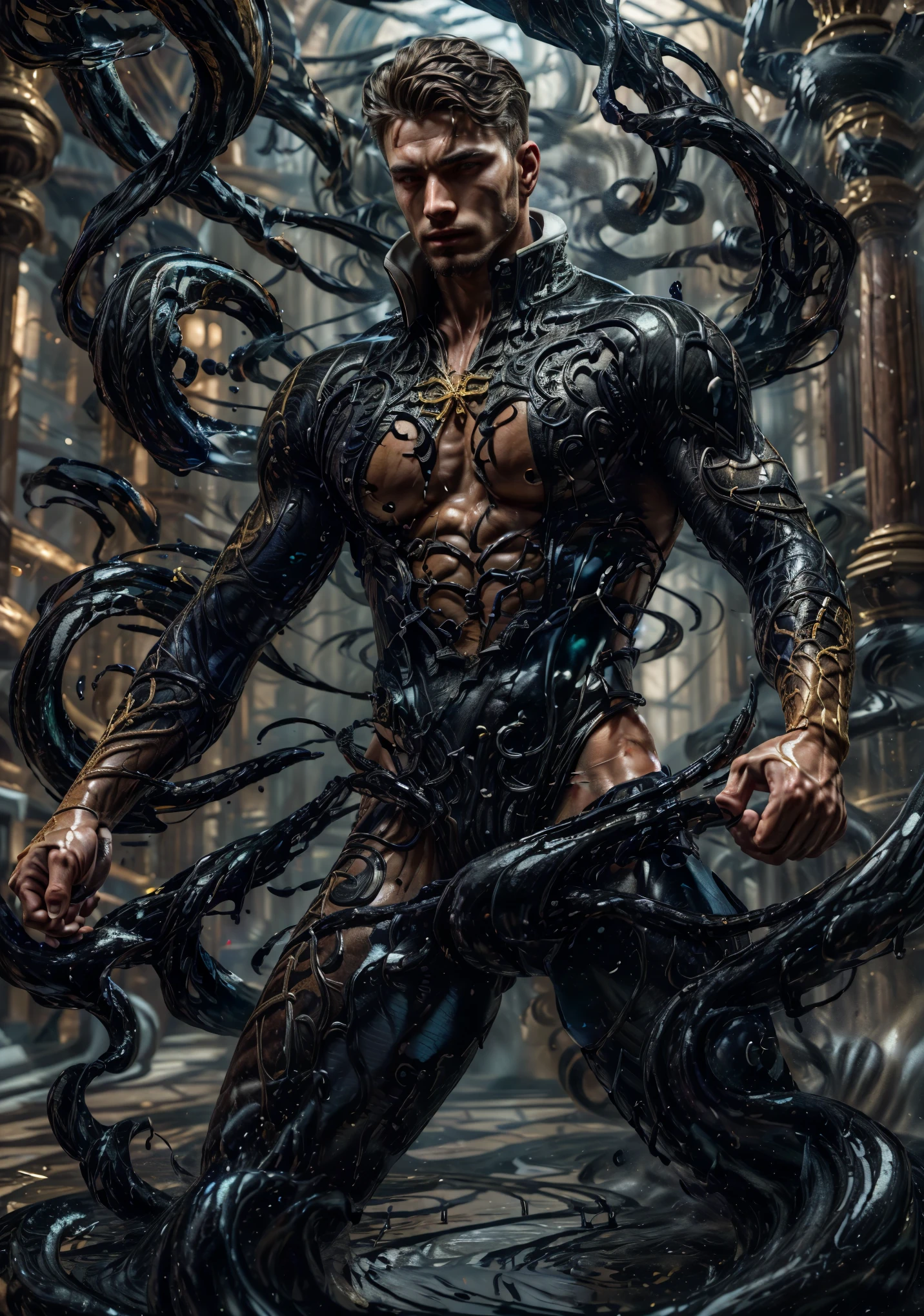 Ultra-detailed, hyperrealistic, 8K resolution
Sharp focus, crisp details, high-definition textures
HDR, volumetric lighting, ray tracing, cinematic shadows, depth of field,3D, dynamic pose, dynamic angle ,male focus ,muscled man (1.0) ,handsome ,gorgeous (detailed face) ,Perfect facial symmetry, ultra-detailed face, lifelike skin texture, Smooth yet realistic skin, fine pores, natural highlights ,Detailed eyes with reflections, expressive gaze ,Subsurface scattering (SSS) for realistic skin glow ,Young  Arafed muscular chiseled very handsome ,gorgeous man , Highly detailed anatomy, muscular definition, realistic veins
Subtle skin imperfections, photorealistic body sculpting (( shad0wmancer, Intricate embroidery, metallic accents, flowing fabric details
Dark gothic fantasy, luxurious palace interior, golden reflections
photo of a man, ink everywhere, ((swirling black liquid,fluid motion, dynamic ink tendrils
Glossy reflections, viscous movement, dripping black essence 3D )),((wearing a white golden coat)), pants ,outdoors ,standing in a water, cowboy shot, (from side pose ,closeup shot 1.0) , detail face, tool enhancer ,slider 1.0)), realistic, masterpiece, intricate details, detailed background, depth of field, photo of a man ,looking like courage , ((light bokeh)) , highlighting the strong muscle lines ,  symbol of strength. Perspective and perspective: shooting from a low angle , highlighting the height and majesty of  men. Or use a side perspective to show the posture and tattoo of a  men.