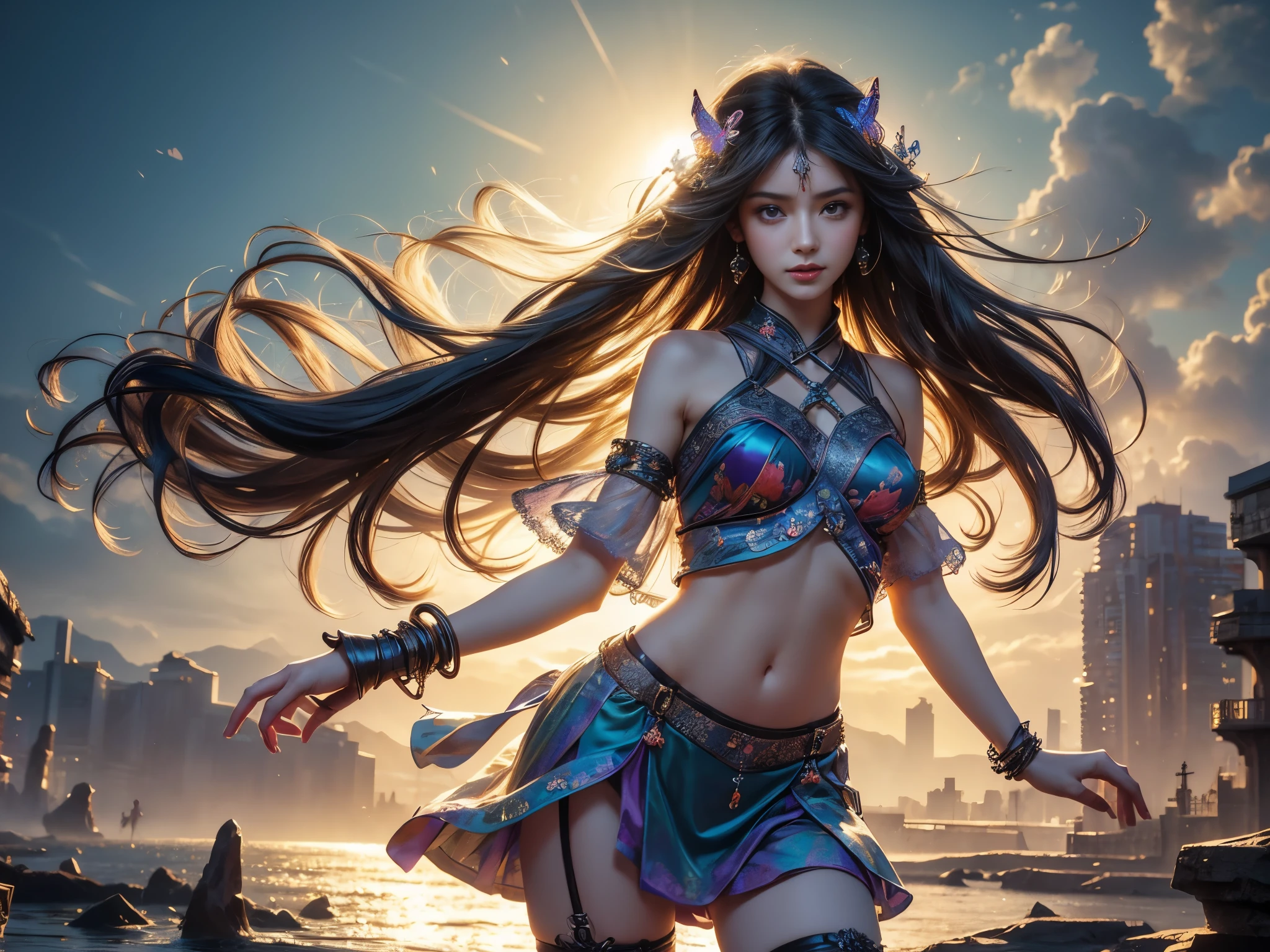 Beautiful face, beautiful body, Girl standing in the clouds staring up as the stars, stars floating around her, brilliant colors, amazing swirls of cosmic dust, colorful vibrant, light particles, Create digital artwork in the Pop Art style, Featuring a vibrant and confident young Asian girl,street fashion (bikini), Movie color scheme, Surrounded by vintage flower motifs, Vibrant brushstrokes,Emotions should be dynamic, Upper body, Drawing, illustration, escala cinza, tropical, Many flowers,