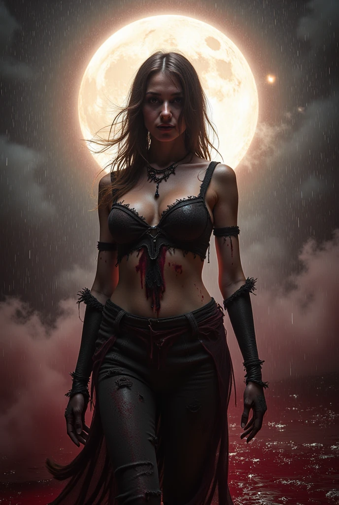 A very muscular powerful woman vampire with hard nipples, big biceps and abs ,fangs in mouth scary form
Draw in detailed