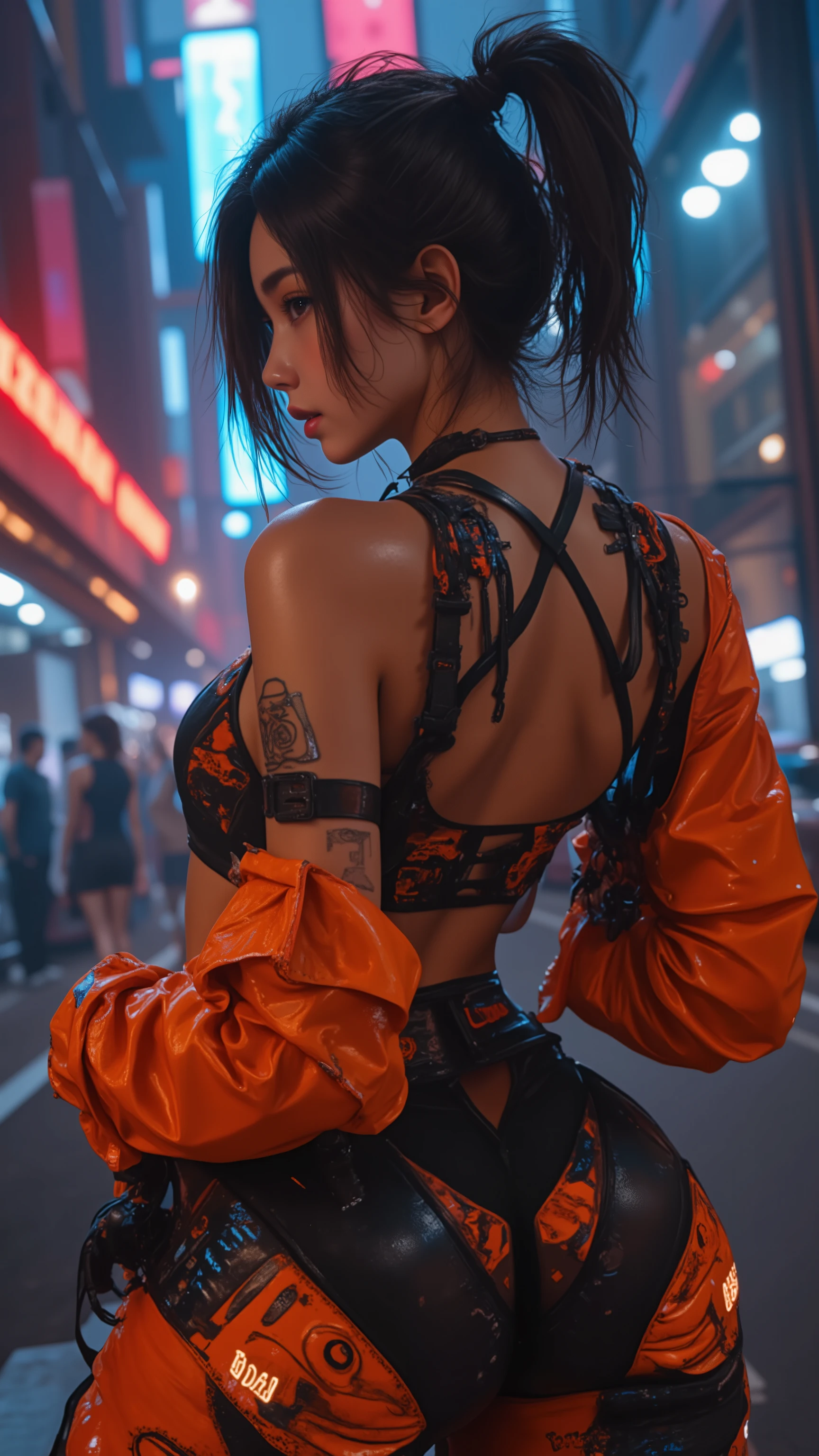 8k, masterpiece, highest quality, Korea's Beautiful Women, Urban Streetscape, Cyberpunk Fashion, Orange and Black Clothing, Futuristic Sportswear, Open Back Design, High Tech Streetwear, Neon City Light, Twilight Mood, Sophisticated Sneakers, High Ponytail, Industrial Chic, Moody Lighting, City Street.