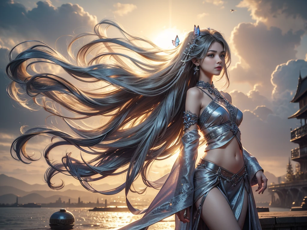 The beautiful princess like angel stand floating above the clouds. Her thin and transparent clothes blowing by the wind. She was shimmer with golden hue and oppulence. The background is a surreal paradise of vibrant colors and swirling clouds. Every detail is exquisitely rendered, from the intricate patterns on his armor to the reflection of light in his piercing sapphire eyes. This high-quality image captures the essence of majestic beauty and otherworldly grace.