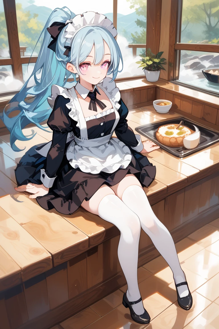 Anime, 1girl, backside view, white hair, blue eyes, glowing eyes, fishnet leggings, white winter sweater, mini-skirt, white underwear, slight smile, blush, cozy house, fireplace, white neck bow, white fox ears, black tight leggings, blue glowing, bedroom, back view, pillows, steaming hot cocoa, candy cane, lit candles, chocolate bar, lying down,  handprint on rear, 