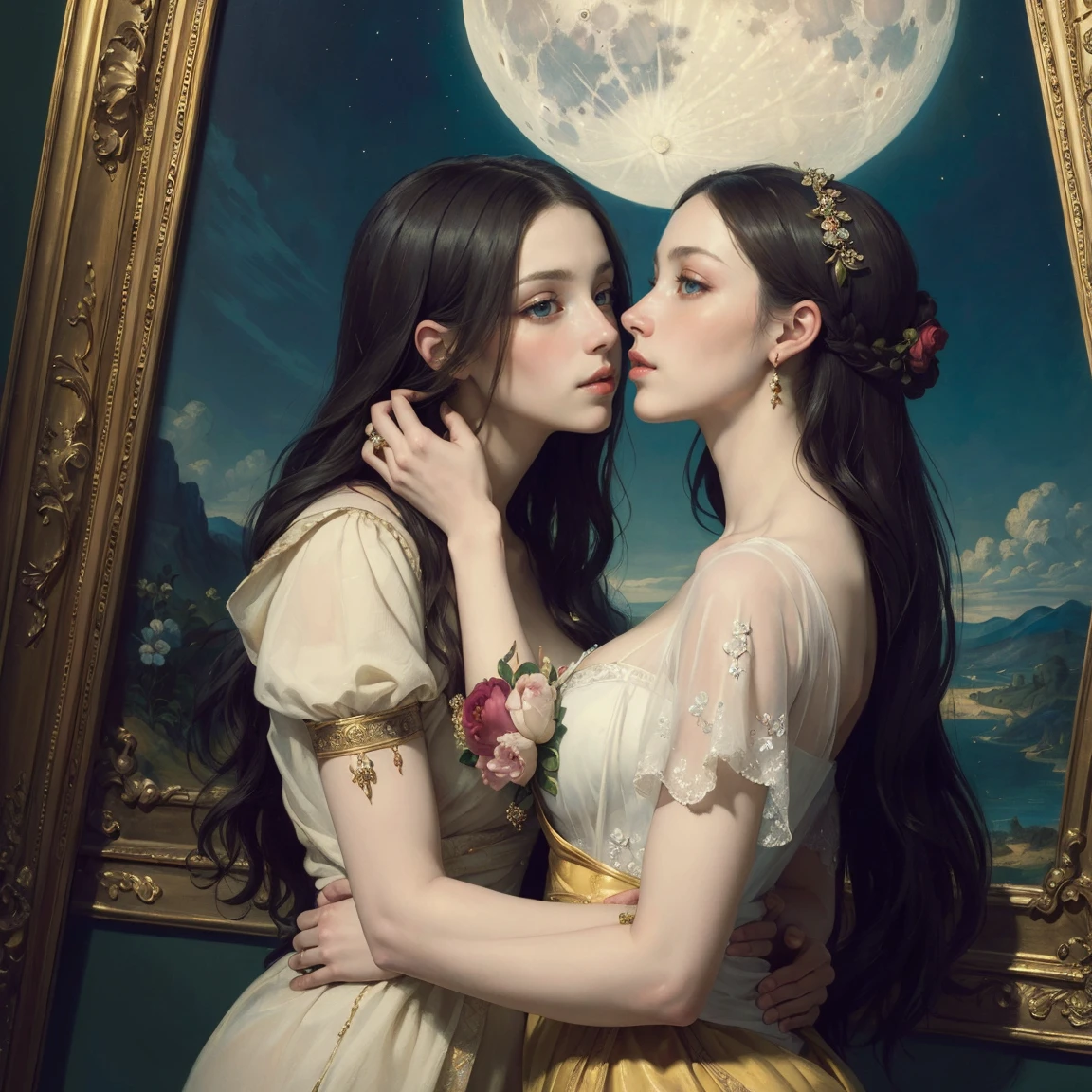 (masterpiece, highest quality, official art, beauty and aesthetic:1.5), (perfect anatomy, perfect hands), two stunning bride is deeply in love with each other, kiss, romantic atmosphere, flower and moon, magnificent panorama view