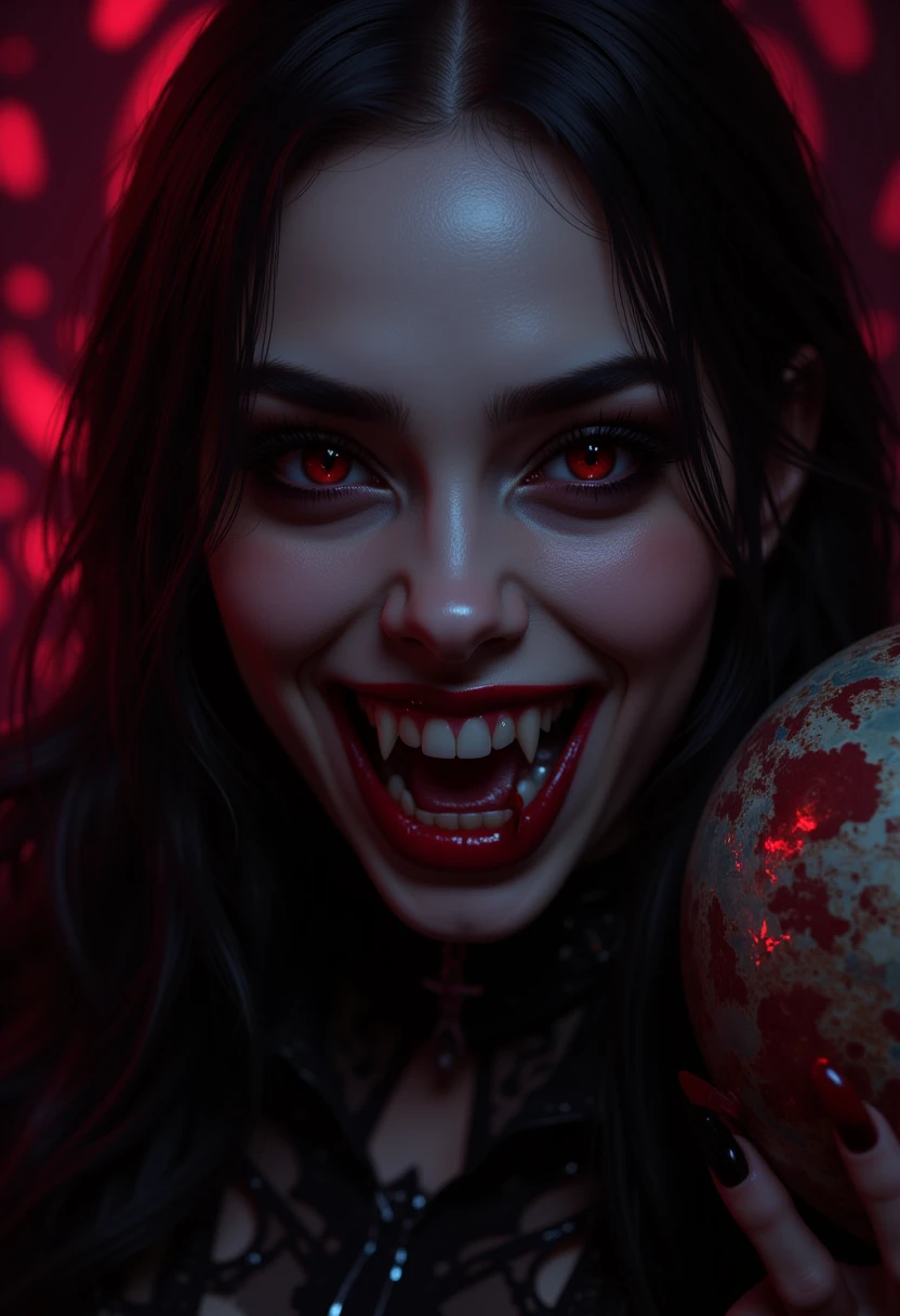 Attractive and sexy vampire, full body view, extremely detailed eyes and face, long eyelashes, one hand on hip, holding the world in the other hand, seductive and sensual vampire, psychopathic insane smile, dramatic lighting, dark moody atmosphere, cinematic composition, fantasy, dark red and purple color palette, dramatic chiaroscuro lighting, highly detailed, intricate, photorealistic, masterpiece