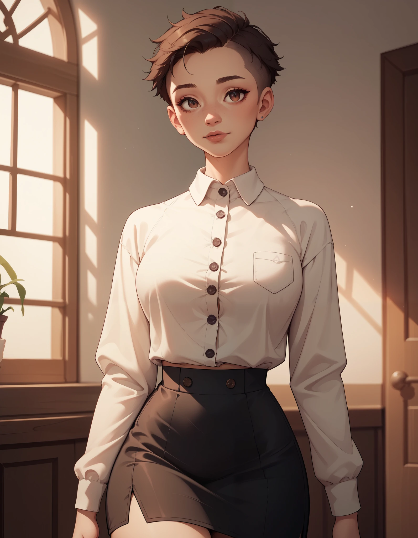 The character is dressed in a white blouse made of light fabric that covers the shoulders and has a cropped cut,  leaving part of the belly showing .  The blouse has a light pattern and is complemented by buttons on the front . She also wears a tight black skirt that adjusts to the body ,  with a side slit that adds a touch of sensuality to the look .  The ambient lighting suggests a modern and cozy place ,  while the hair is long and loose ,  naturally falling over her shoulders .  The style is casual ,  but at the same time elegant .