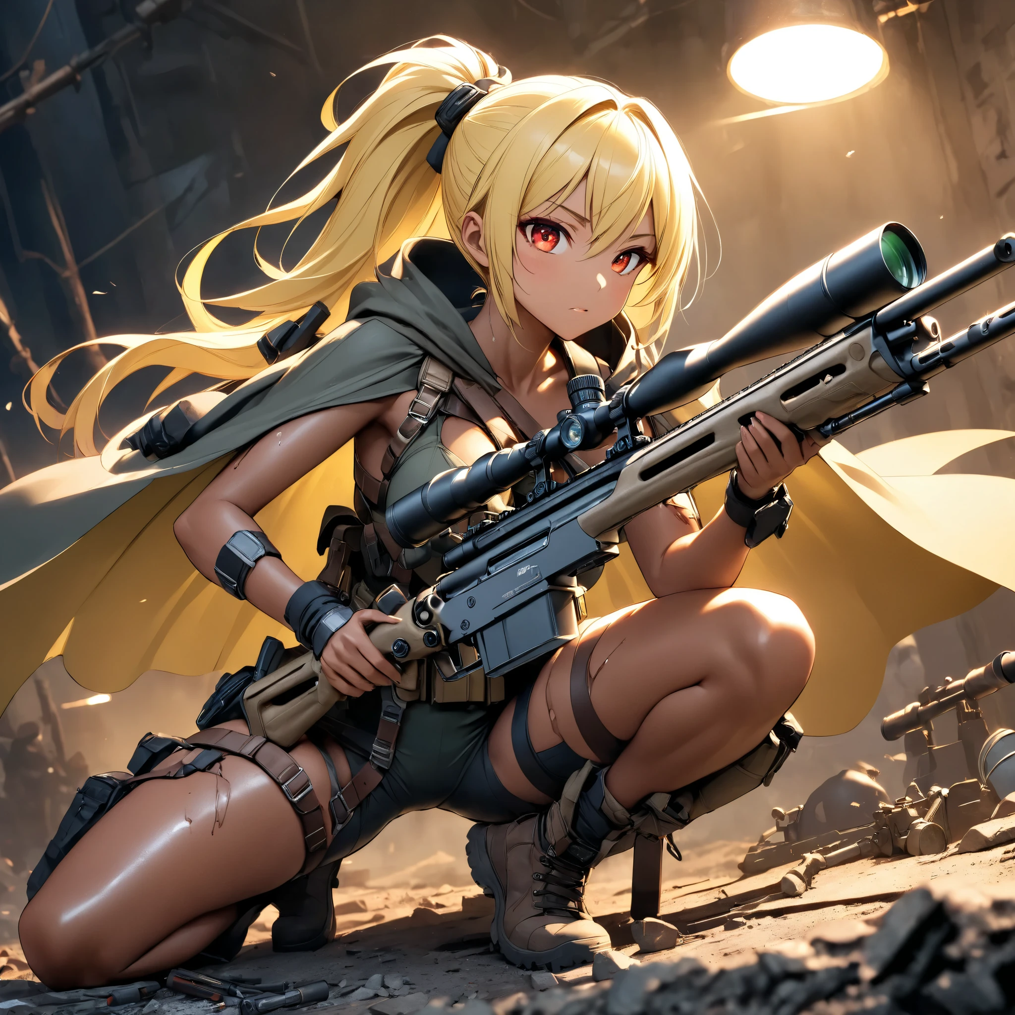 Beautiful female sniper in a sniper position in the apocalyptic world 、 sniper rifle with a cape、 anatomically correct posture 、 equipped with lots of tools on a tanned leather tool belt、Full Harness、 perfect eyes、Glossy brown skin 、Tattered clothes、 movie light effects, ponytail 、Shiny yellow hair、 red eyes