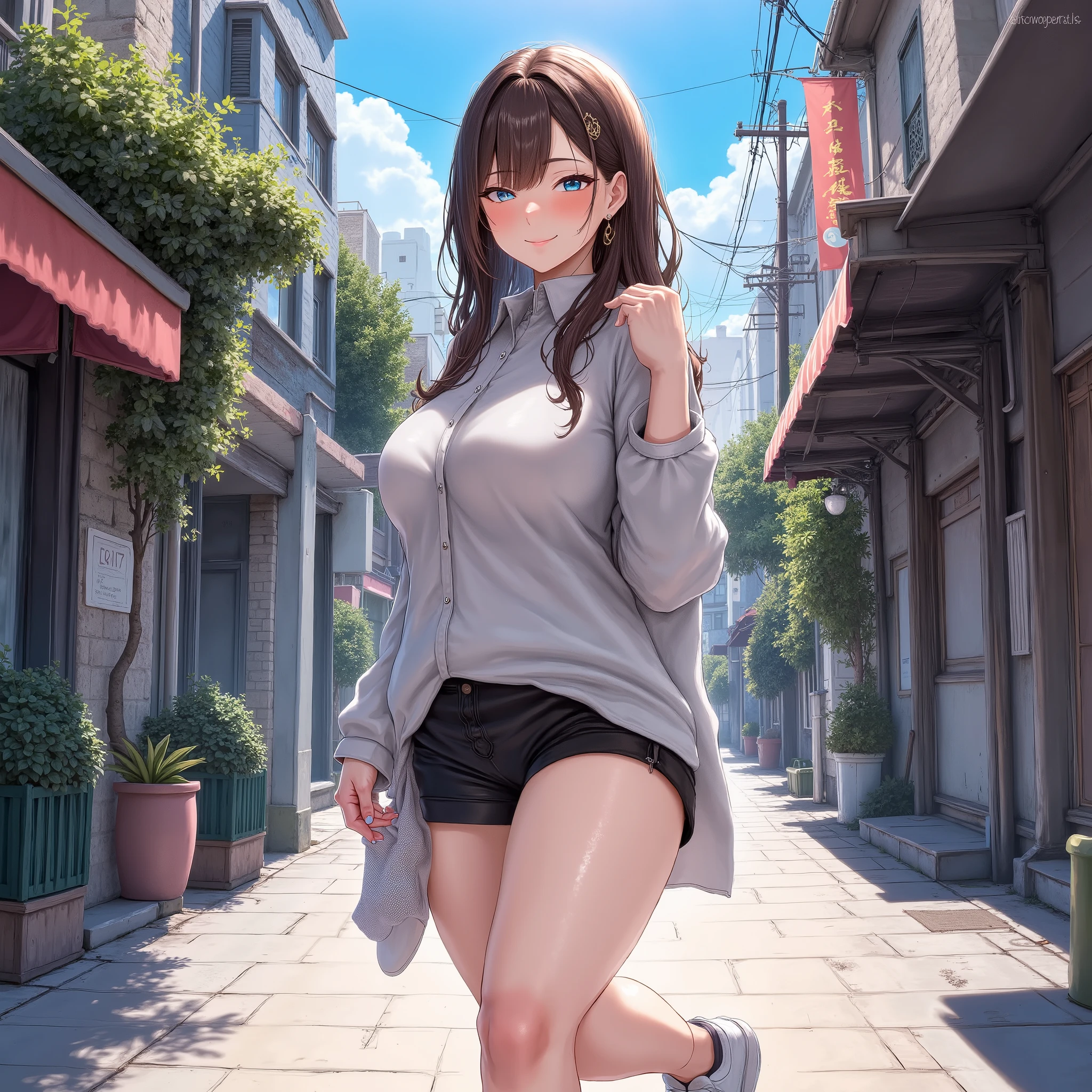 A beautiful woman standing on the sidewalk in the city, looking sideway at the viewer. Brown long hair, blue eyes, smiling, light blush, oversized shirt, black shorts, white sneakers., HigokkoStyle