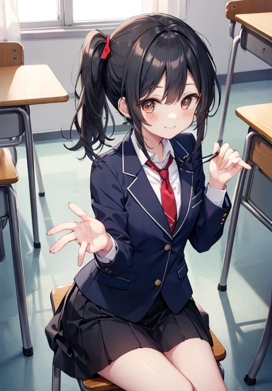 (masterpiece, 4K resolution, ultra-realistic, Very detailed), Girl、、、blazer、Sit on a chair、classroom、Holding white panties with both hands、smile、Black Hair、Side Ponytail、Brown eyes,holding panties,presenting panties.Perfect Fingers、tie、pussy、dildo in pussy、Blushing、Embarrassing、Embarrassed、Knee-high socks