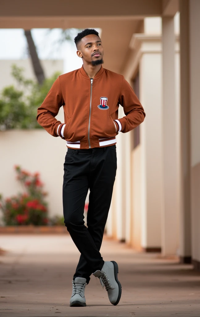 A young adult male, likely of African descent, is the central figure. He is positioned in the mid-ground, slightly off-center to the left of the image. He is wearing a rust-colored, suede-like bomber jacket with a white stripe detail around the waist. The jacket features a small, embroidered design on the chest resembling a top hat. He is wearing black pants and light gray, high-top boots. He is looking slightly off to his right, and his expression is neutral. His body posture is relaxed and confident, with legs slightly apart. The subject's build is athletic. The setting is an outdoor hallway or corridor with pale beige walls and pillars. The flooring is a light brownish-gray. The lighting is natural, casting soft shadows and highlighting the subject. The overall style is casual and trendy. The composition is simple, focusing on the subject and his attire. Important details include the specific design on his jacket and the color scheme. The background is intentionally blurred, drawing attention to the subject. Colors are muted and natural. The atmosphere is calm and urban.
