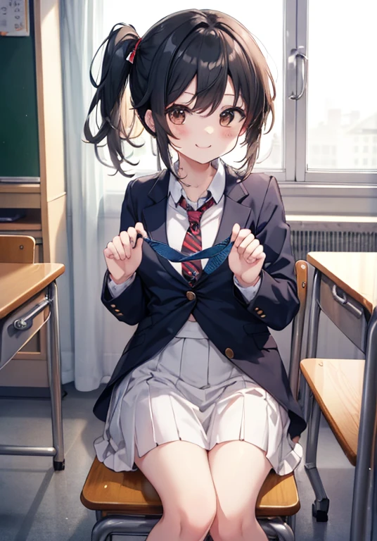 (masterpiece, 4K resolution, Ultra-realistic, Very detailed), girl、、、blazer、Sit on a chair、classroom、Holding pink panties with both hands、smile、Black Hair、Side Ponytail、Brown eyes,holding panties,presenting panties,Perfect Fingers、tie