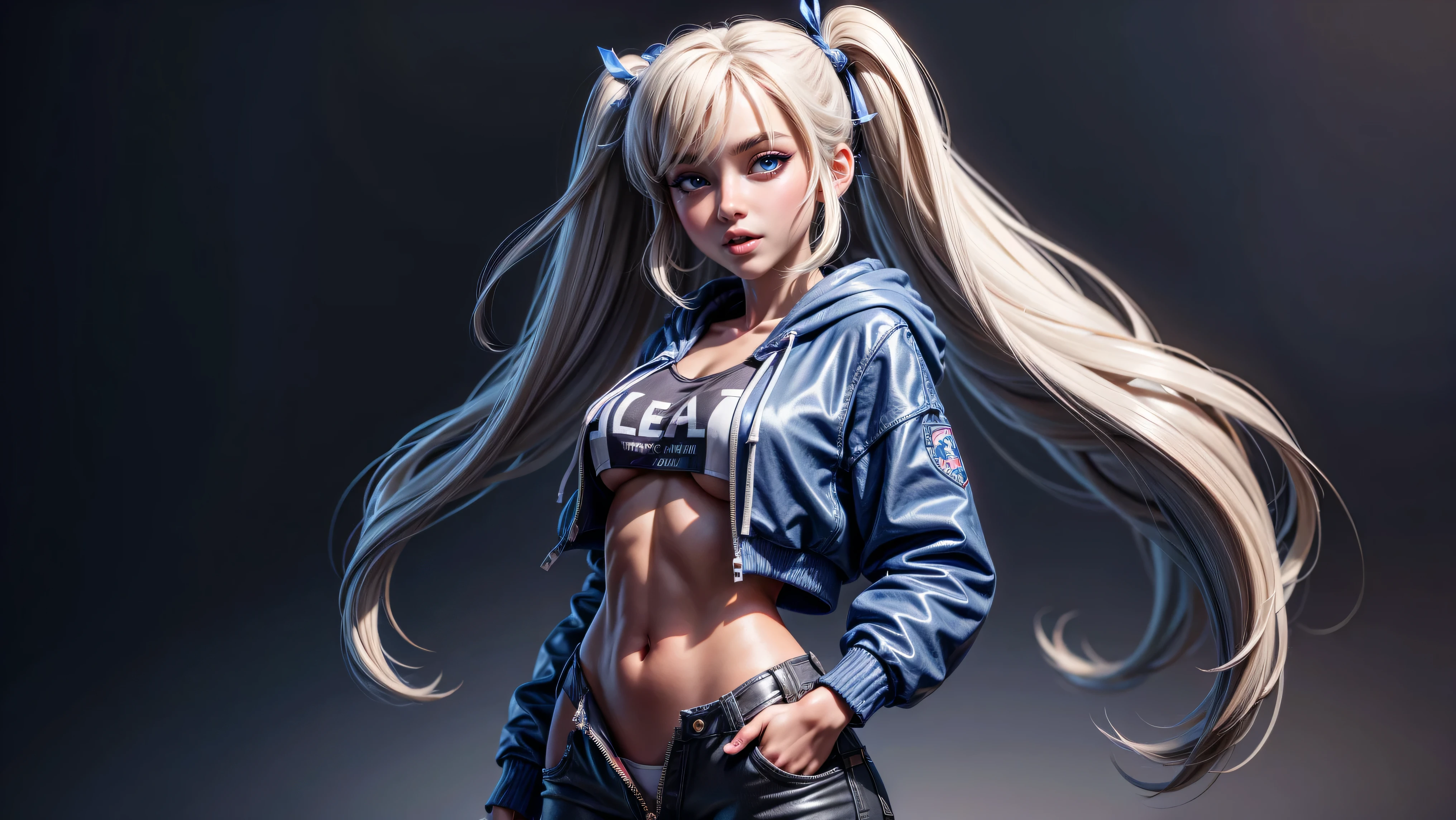 1girl, solo, long hair, open hoodie, white hoodie, midriff, looking at viewer, sexy, pants low on hips, ((unbuttoned pants)), cowboy shot, (full body portrait), black hair, hip-hop, lips, sexy mouth, ribbon, hair ribbon, bangs, upper body, part side up, blue eyed, bangs, black ribbon, ribbed hoodie, twin tails, pierced nose,