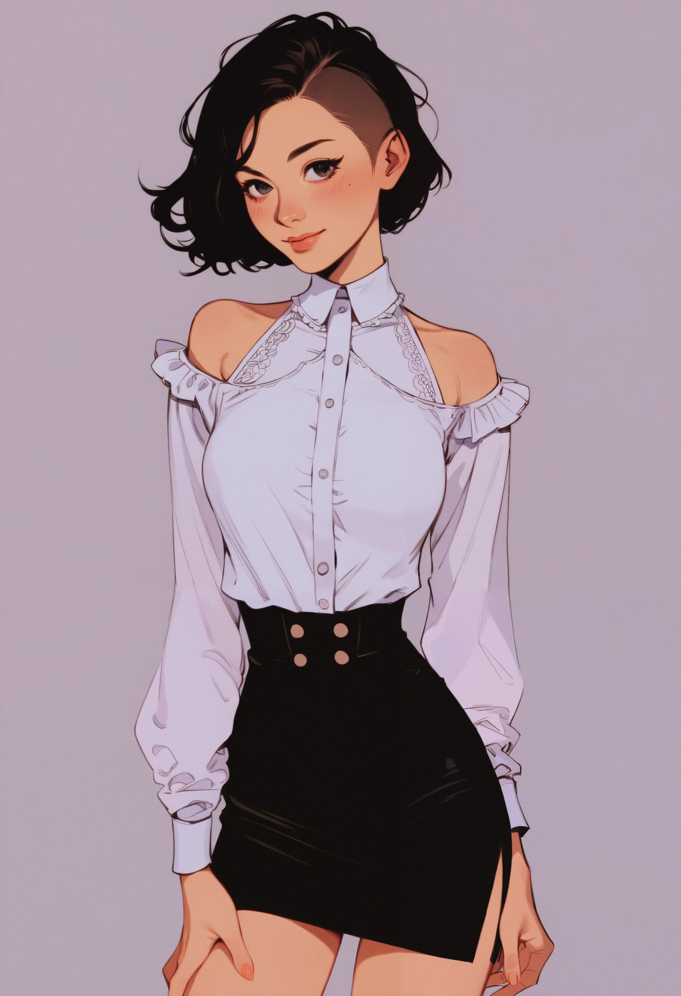 The character is dressed in a white blouse made of light fabric that covers the shoulders and has a cropped cut, leaving part of the belly showing . The blouse has a light pattern and is complemented by buttons on the front . She also wears a tight black skirt that adjusts to the body , with a side slit that adds a touch of sensuality to the look . The ambient lighting suggests a modern and cozy place , while the hair is long and loose , naturally falling over her shoulders . The style is casual , but at the same time elegant .