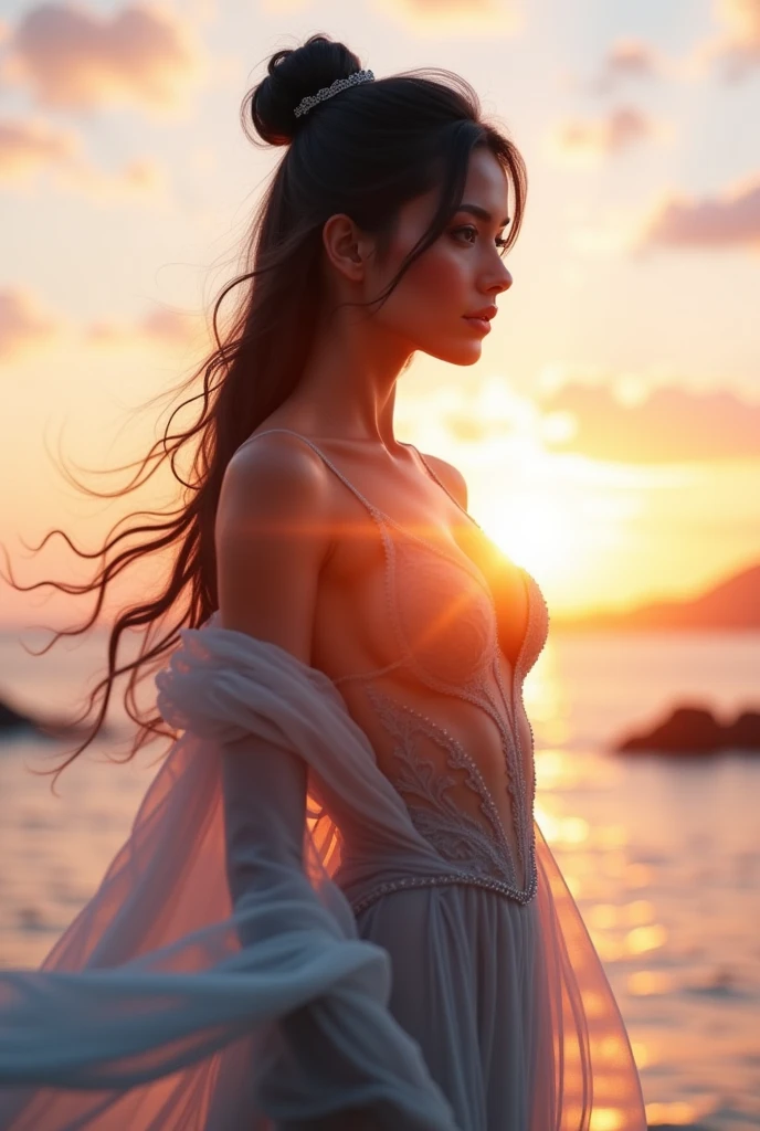 4K resolution,8K resolution,beautiful,Highest quality,Absolutely wonderful,Very detailed,Ultra-high resolution,masterpiece,Realistic,Realistic,Increased depth of field,Cinematic Light,
One elegant mature woman,
Wavy black long hair,精巧なディテールのbeautiful顔,Moist eyes,Sensual look,Glossy skin make-up,Transparent white skin,Very sensitive skin,Great proportions,Glamorous Body,Anatomically correct body,
Summer Beach Dress,Summery design,Beautifully detailed pattern,Detailed cloth texture,
Romantic seaside scenery,Dark night sky,Coastline stretching to the horizon,Deserted beach,Dark sea surface,
Cinematic Angle,