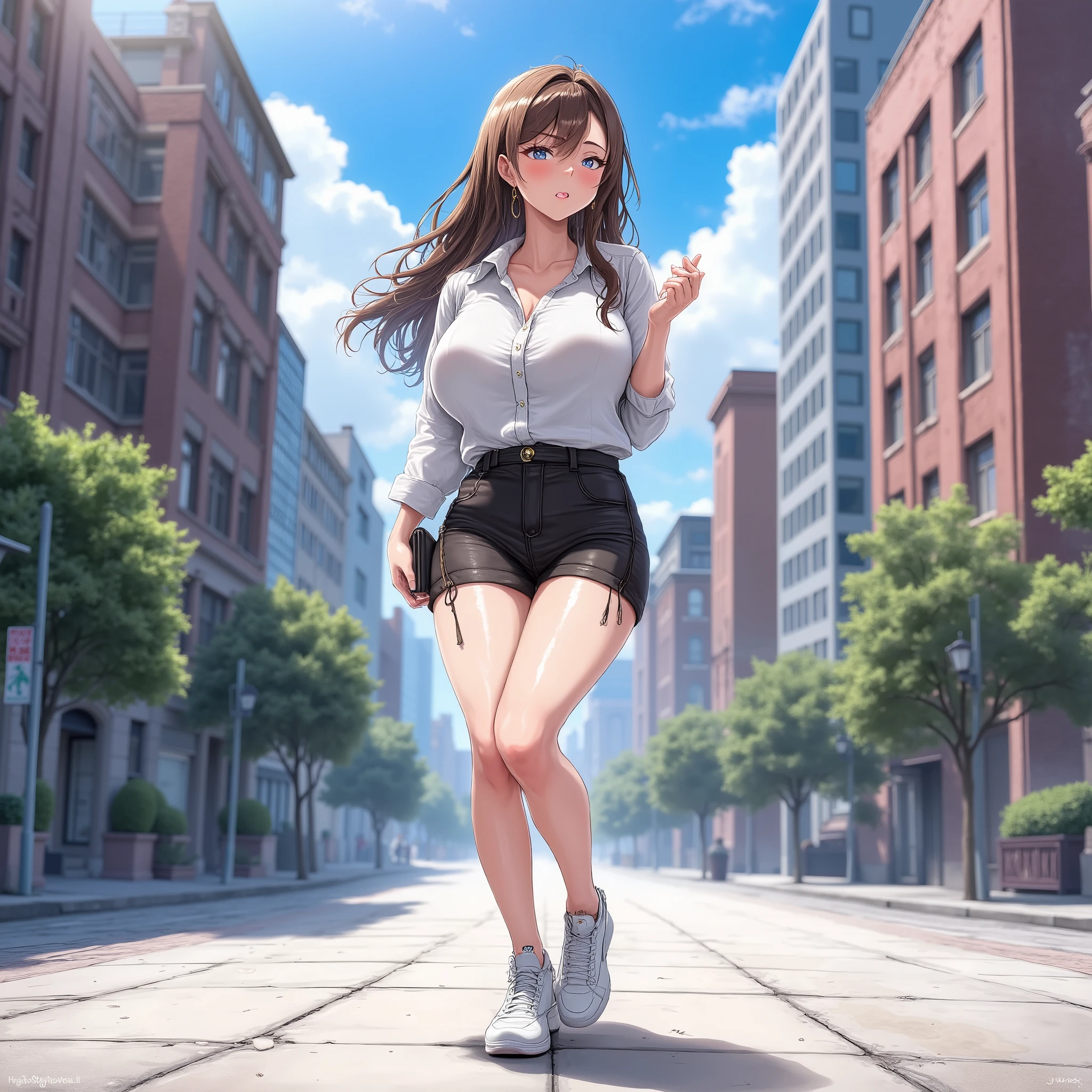 A beautiful woman standing on the sidewalk in the city, phone in hand, looking sideway confusedly at the viewer. Brown long hair, blue eyes, oversized shirt, black shorts, white sneakers., HigokkoStyle