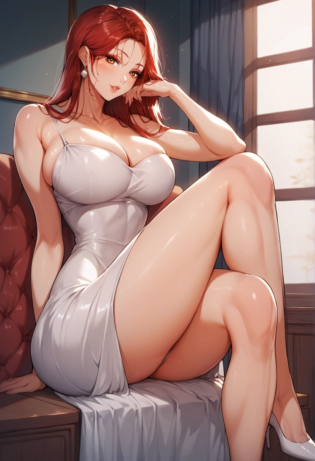 (1 girl, solo, (sexy stand posing) ), (girl is (redhead long hair), perfect body, (detailed olive eyes), (detailed face), ((white mini dress, cleavage)), alluring), (background luxury modern living room, full of women's dresses and shoes), (high detail)