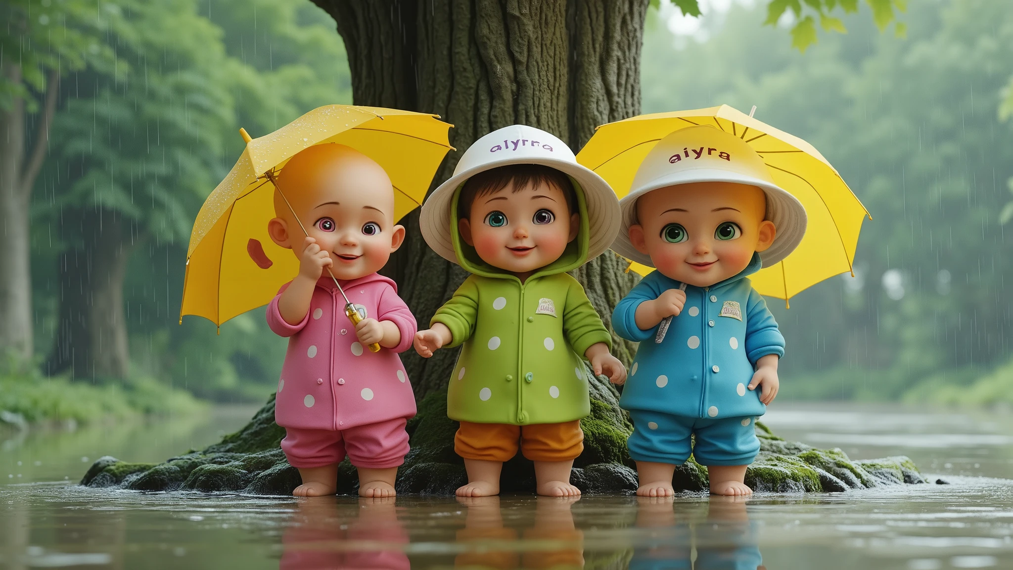A lively and whimsical rainy day scene. Heavy rain pours down, creating ripples in the puddles. Under a large tree, three bald-headed seek shelter, each holding a bright yellow umbrella. They wear long-sleeved clothes and bright cotton pants in vibrant colors—pink, green, and blue—adorned with delicate white spots. Their soft cotton outfits appear detailed and textured. Their magical eyes shift colors between pink, blue, and green, adding an enchanting touch. Each baby w a white bucket hat with the word "aiyra" printed in dark purple on the front. Despite the rain, their expressions remain cheerful, with cute smiles radiating warmth. The scene is captured in a hyper-realistic style, with ultra-high-definition 4K quality, rich textures, and Disney-style charm. Raindrops glisten as they hit the ground, and a gentle mist lingers in the air, enhancing the dreamy, storybook-like atmosphere.