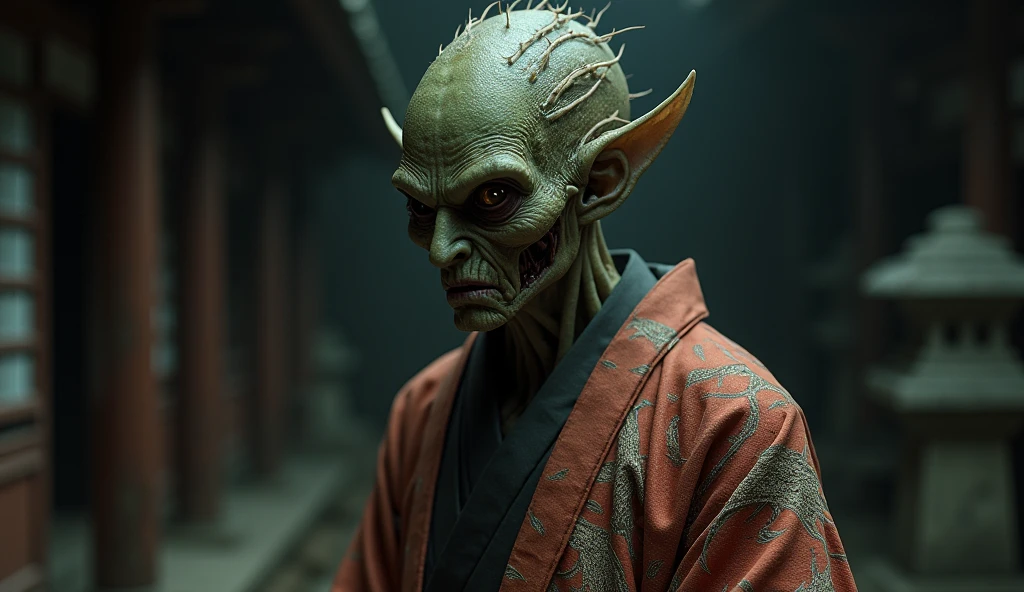 Night in the city、There are many demons behind、Horror-themed movie stills,、spooky、short、Japanese Yokai、elder、Big head、No hair、Wrinkles are frequent、Narrow eyes、