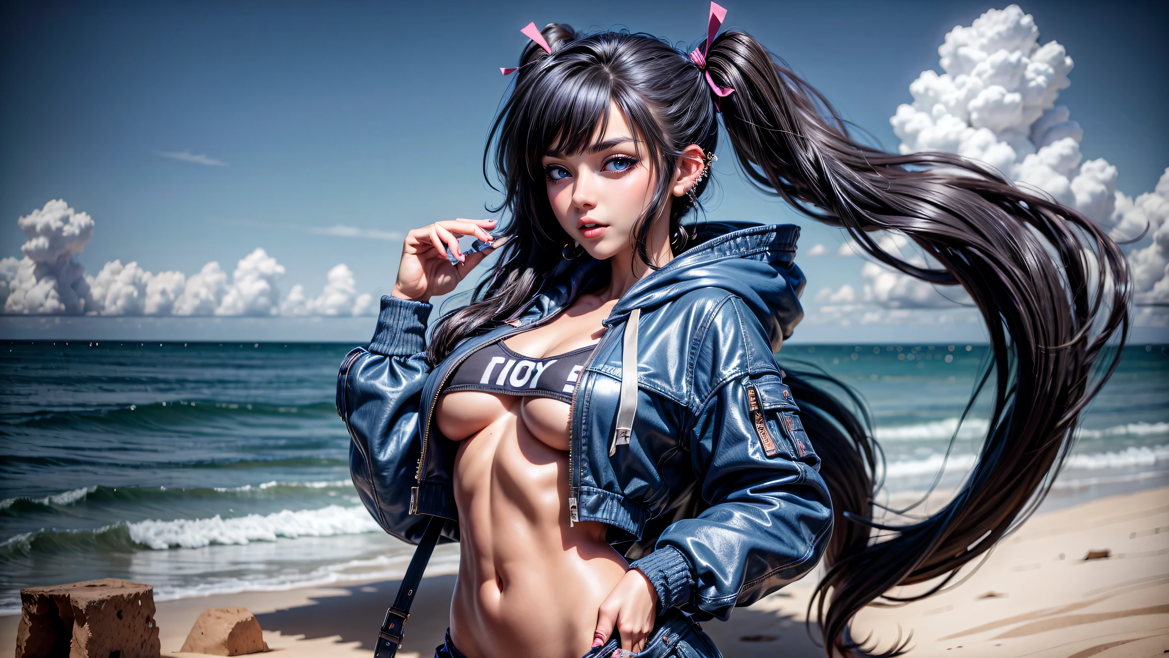 1girl, solo, long hair, open hoodie, midriff, looking at viewer, sexy, pants low on hips, ((unbuttoned pants)), cowboy shot, (full body portrait), ((black hair)), hip-hop, lips, sexy mouth, ribbon, hair ribbon, bangs, upper body, part side up, blue eyed, bangs, black ribbon, ribbed hoodie, twin tails, ((pierced nose)), piercings, sky background, intercity background,