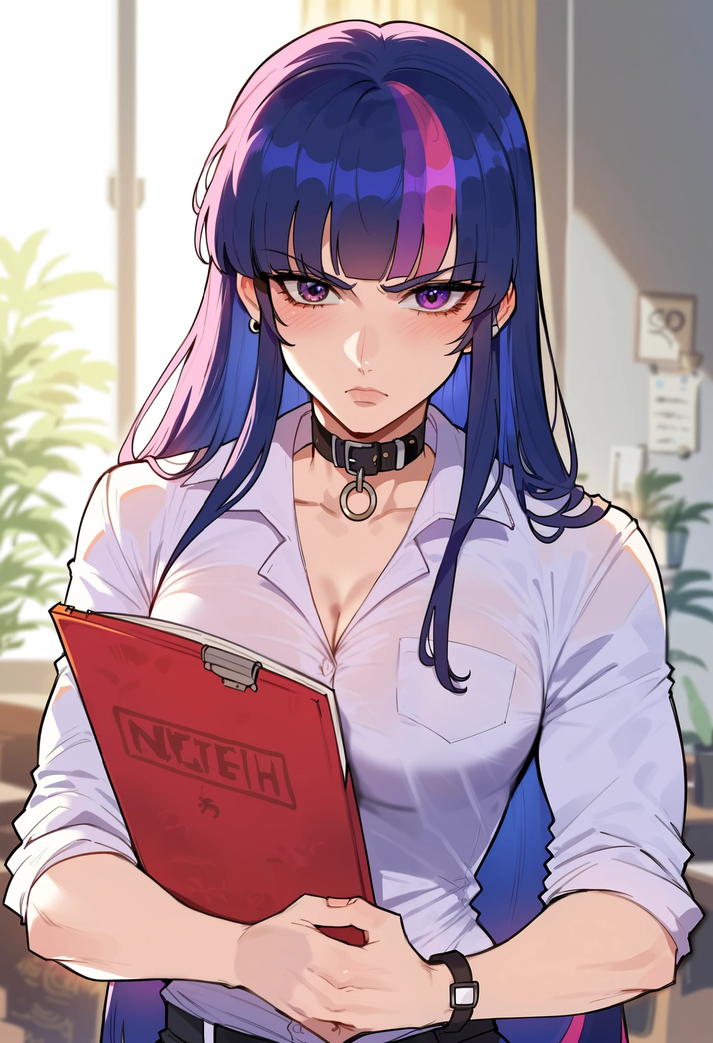  The image presents two versions of a character that seems to be a fusion between two popular pop culture figures: um personagem humano e uma versão da Twilight Sparkle, from the universe of  "My Little Pony".

1. **human character**:
   - ** Aparência**:  He has long, dark hair ,  with a combination of colors ,  including pink and purple .  Your eyes are expressive and have a tint intense .
   - **Clothing**:  He is wearing a white shirt ,  a collar and tie ,  suggesting a more serious and formal look .
   - **action**:  He is holding a notebook ,  which is a reference to the  "Death Note",  a central element of the anime / manga with the same name .  It seems to be writing ,  which suggests that he is dedicating himself to some important or dark task .

2. **Pony version **:
   - ** Aparência**:  The version of Twilight Sparkle is shown as a pony with a serious and determined look .  The body color is a light pink ,  and his hair also shows the colors pink and purple .
   - **Clothing**:  She is wearing a shirt and seems to be holding a notebook similar to that of the human character ,  again referencing the  "Death Note".
   - ** Expression**:  Her expression suggests a certain stress or concern ,  as if aware of the seriousness of the situation .

 This fusion of styles and themes represents an interesting combination of two different anime cultures ,  creating a new visual interpretation .