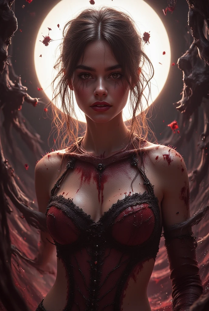 (((One bbw brunette woman))) broken heart, devastated, wind blown hair, (Eden), (pink roses) ethereal, (8K HDR 0.8) (Cinematic lighting 0.9) (Ultra-detailed and complex elements 0.7)(Broken glass effect 1.2) (murderous background 1.1) (vibrances, red, and Ebony 1.1) (crying Emotions 1.2)(Broken Glass Memories 1.2) (Blood-dripping rose thorn 1.2),glass, shattered hearts, teardrops, blood falling from eyes, covered in bloody face, bloody hair, valentines dress, blood tears dripping, bloody heart, lost soul